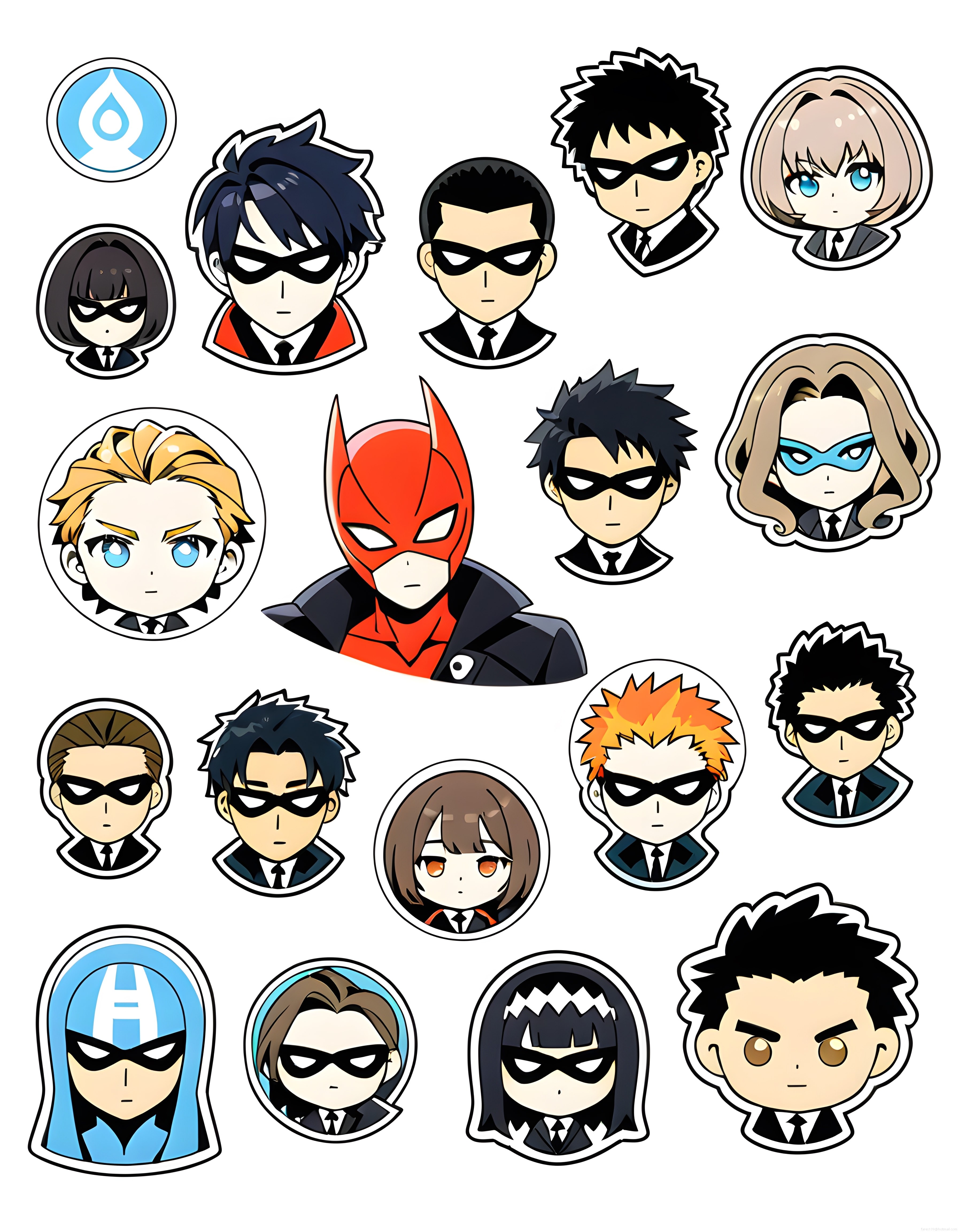 süper kahraman ve ajan temalı anime chibi karakter sticker illüstrasyonu