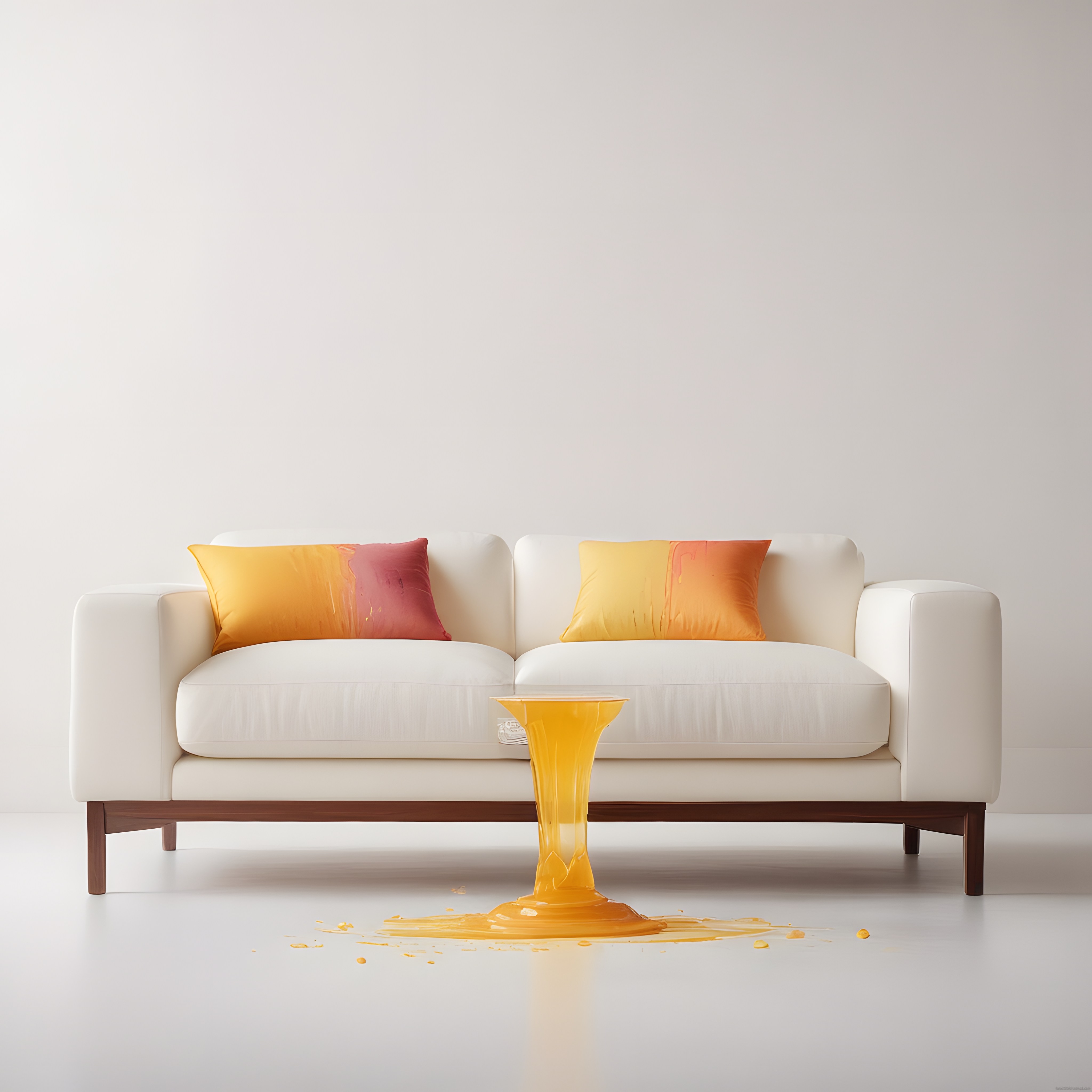 Süreal Beyaz Salon: Dökülen Sıvı ve Renkli Yastıklarla Minimalist 3D Render
