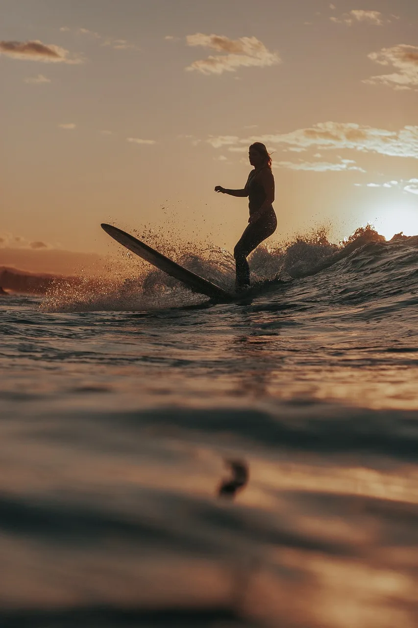 Surf yapan genç kadın dalgalarla buluşma - plaj fotoğrafı