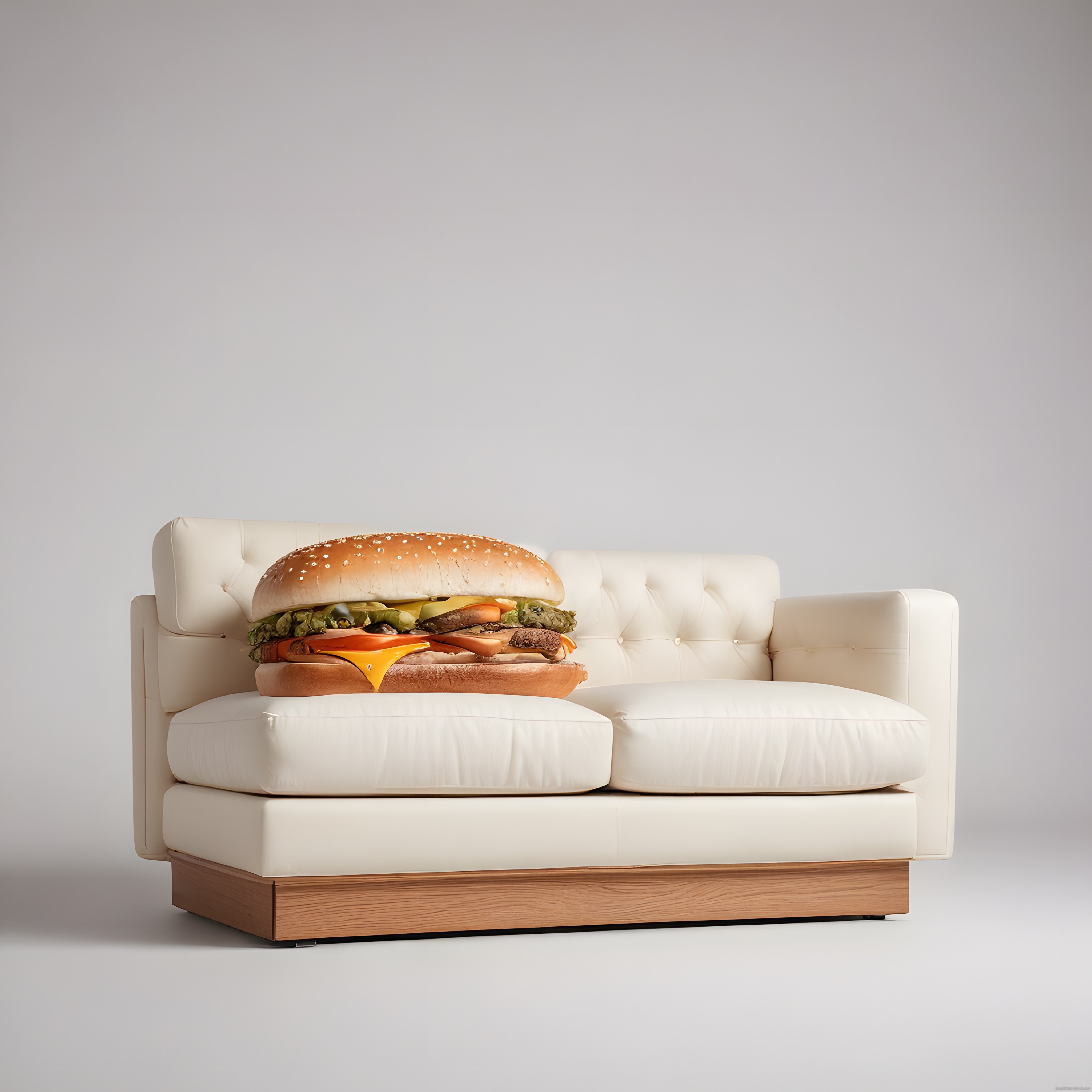Sürreal Dev Hamburger ve Krem Rengi Kanepe ile Minimal Stüdyo Kompozisyonu