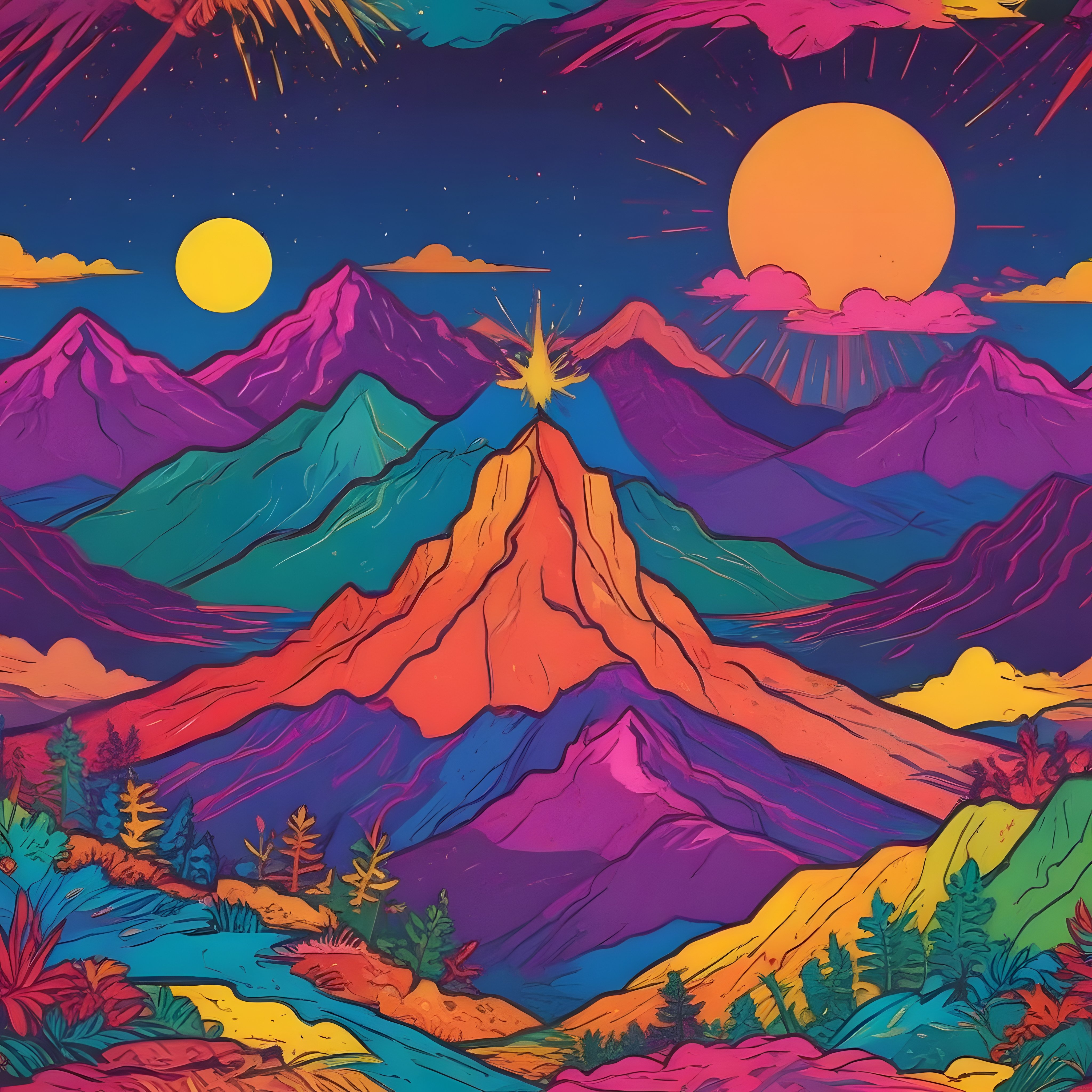 Sürreal Dijital Dağ Manzarası: Retro Neon Renkler, Çift Güneş ve Fantastik Doğa