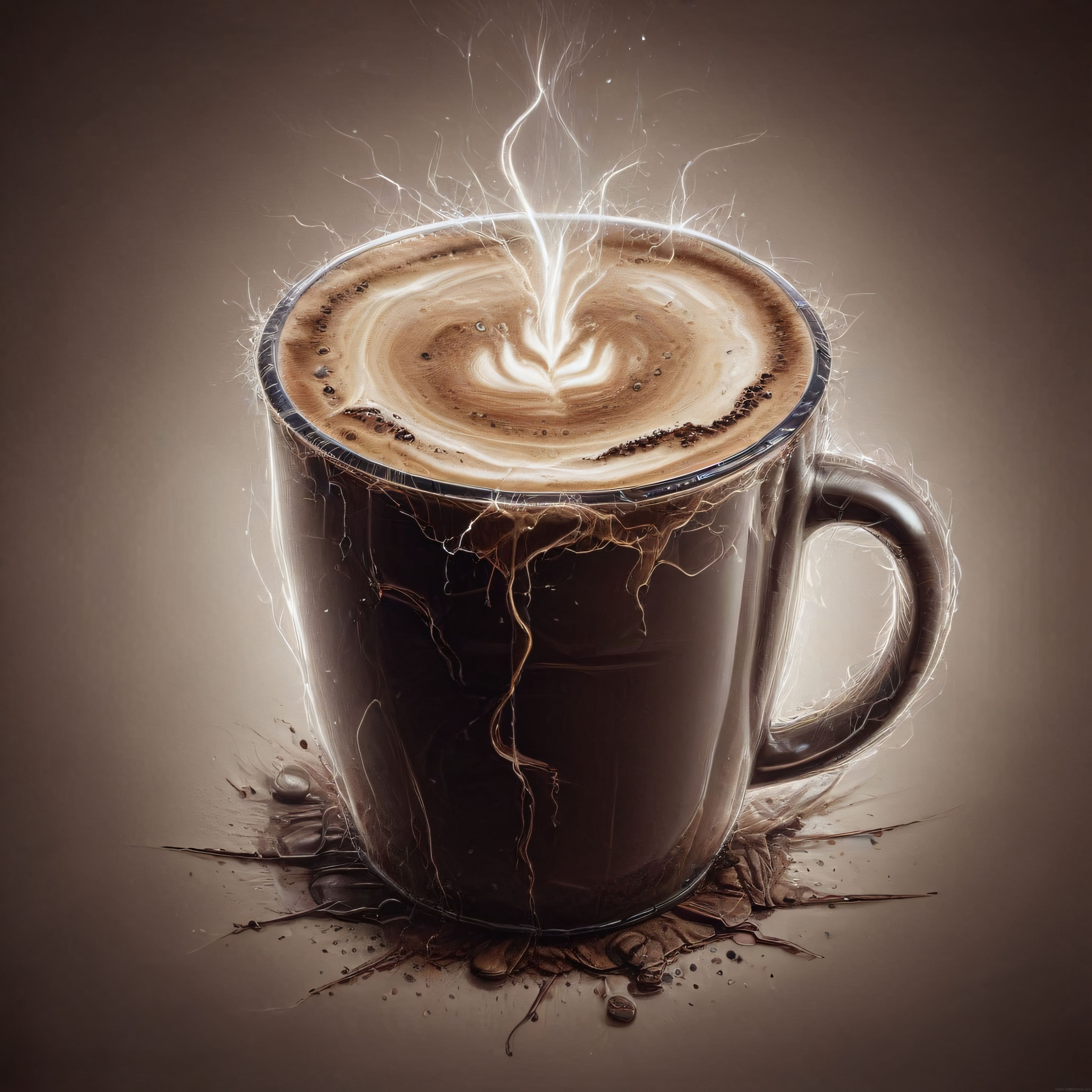 Sürreal Dijital Işık Efektleriyle Çevrelenmiş Latte Art Kahve Fincanı