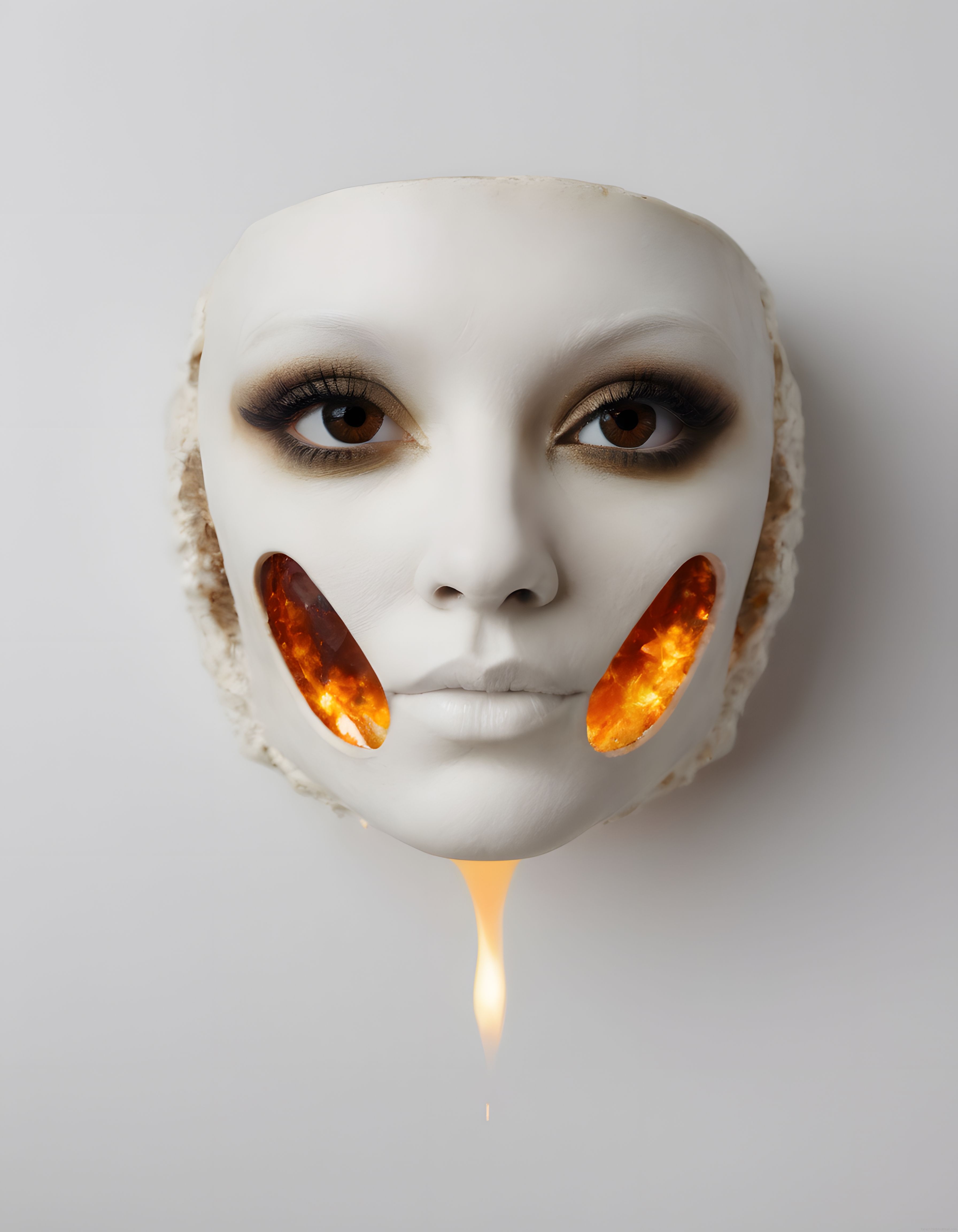 Sürreal Dijital Sanat: Yanaklarında Parlayan Amber ve Eriyik Işıkla Beyaz Maske