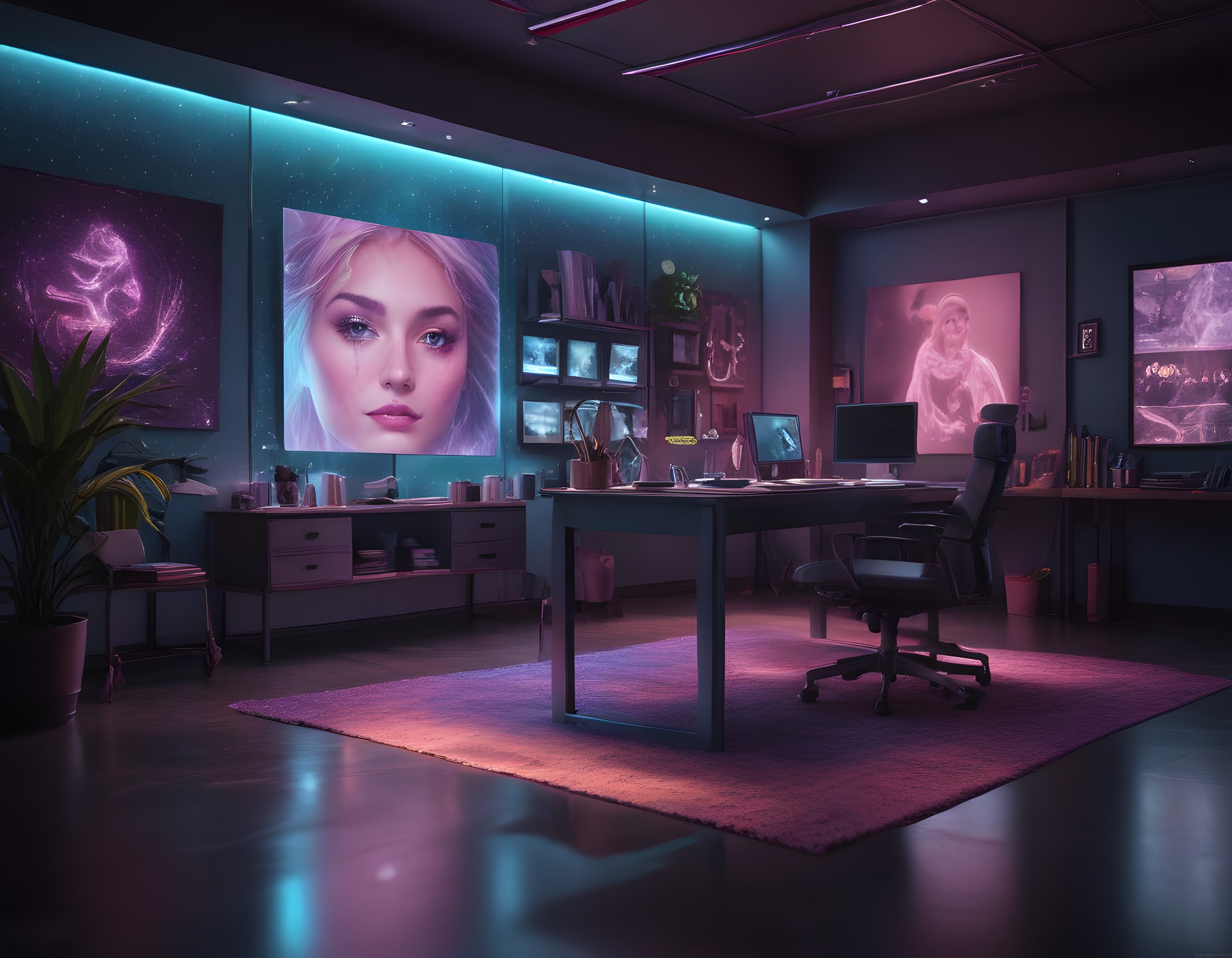 Surreal Dijital Sanatlarla Süslenmiş Cyberpunk Tarzı Gamer Odası