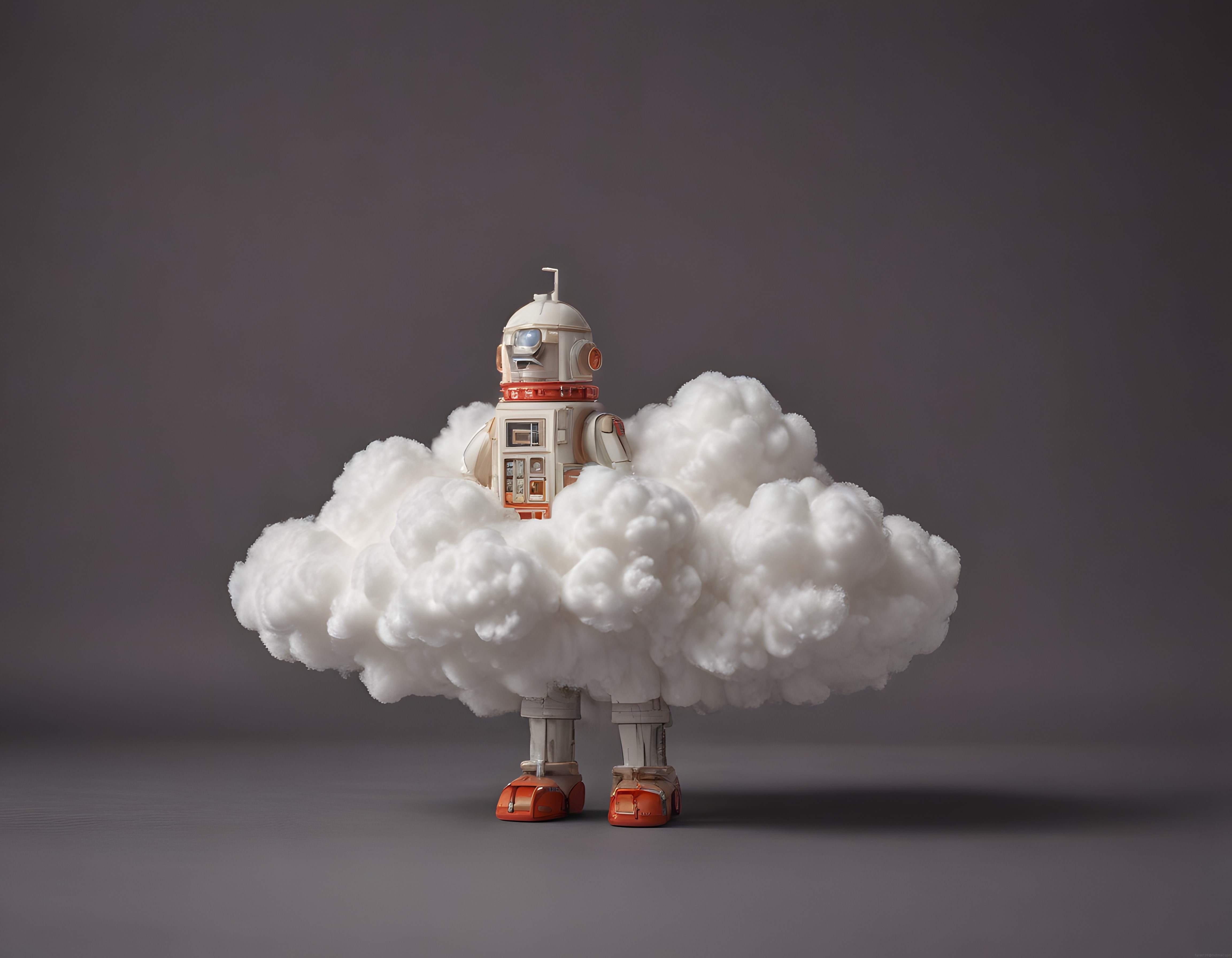 Sürreal Dijital Tasarım: Bulutların İçinden Yükselen Retro Robot Figürü
