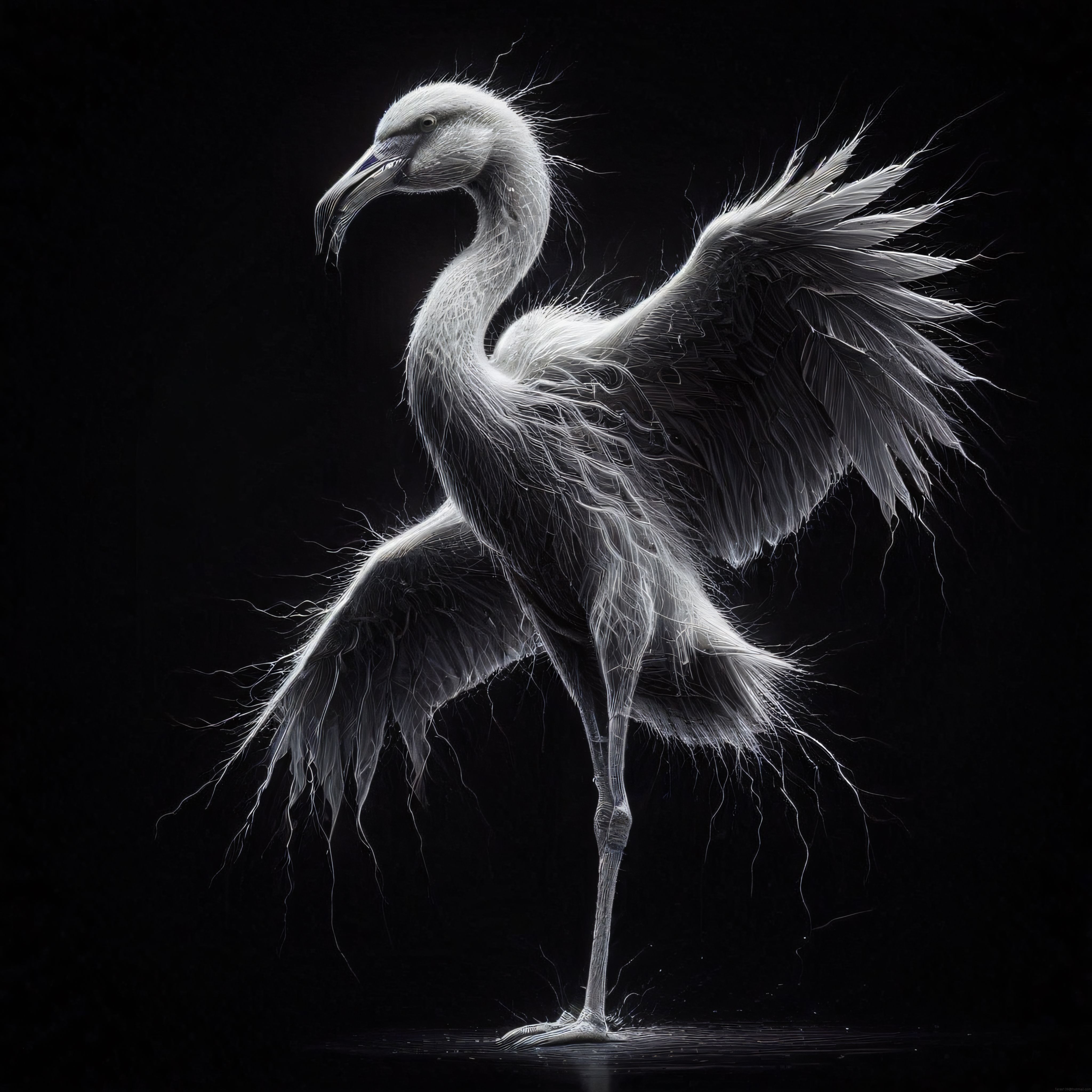 Sürreal Flamingo: Siyah Arka Planda Parlayan Tel ve Fiber Sanatı