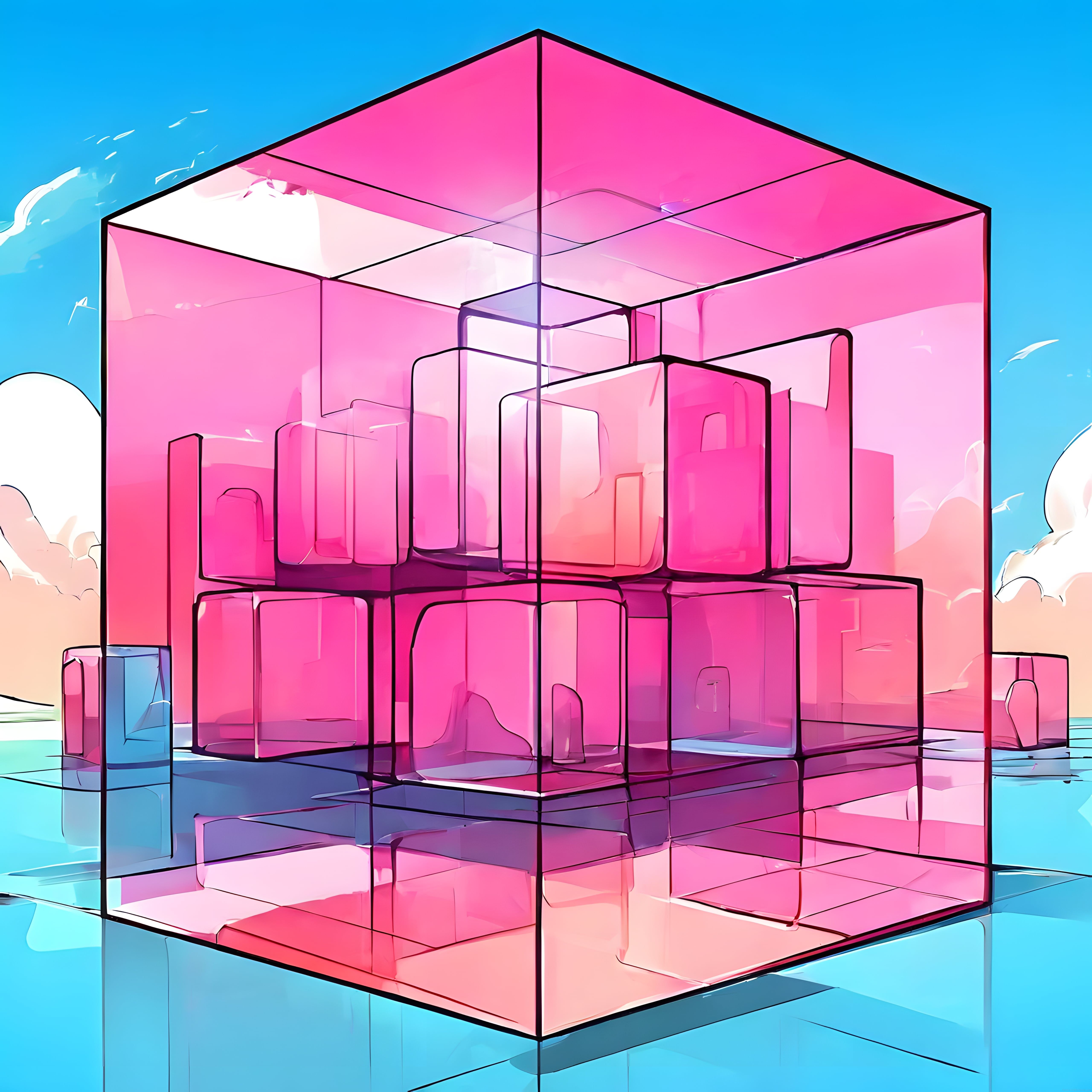 Sürreal Pembe Kristal Küpler ve Bulutlu Gökyüzünde Dijital Geometrik Sanat