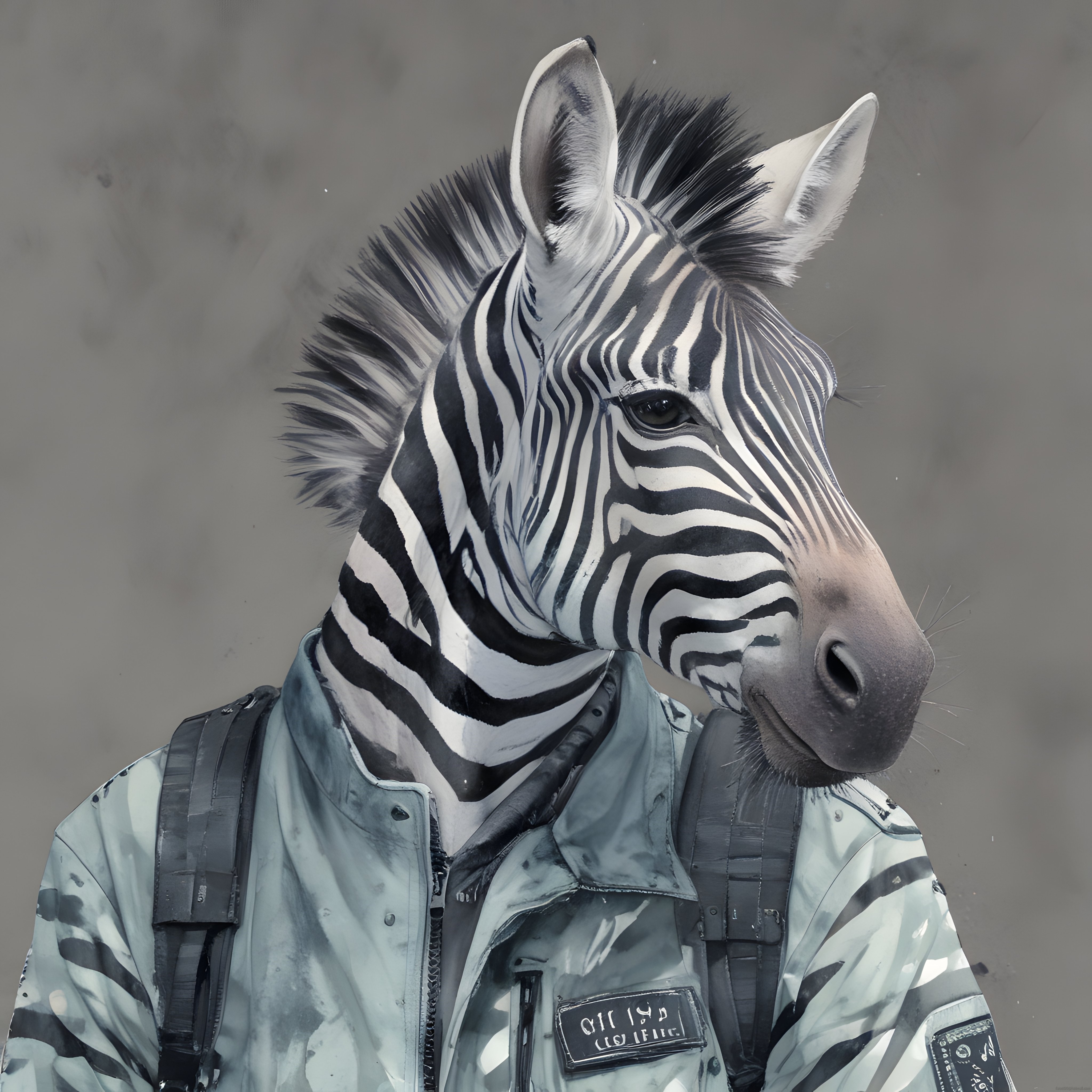 Sürreal Zebra Portresi: Taktik Ceket Giyen Antropomorfik Karakter Tasarımı