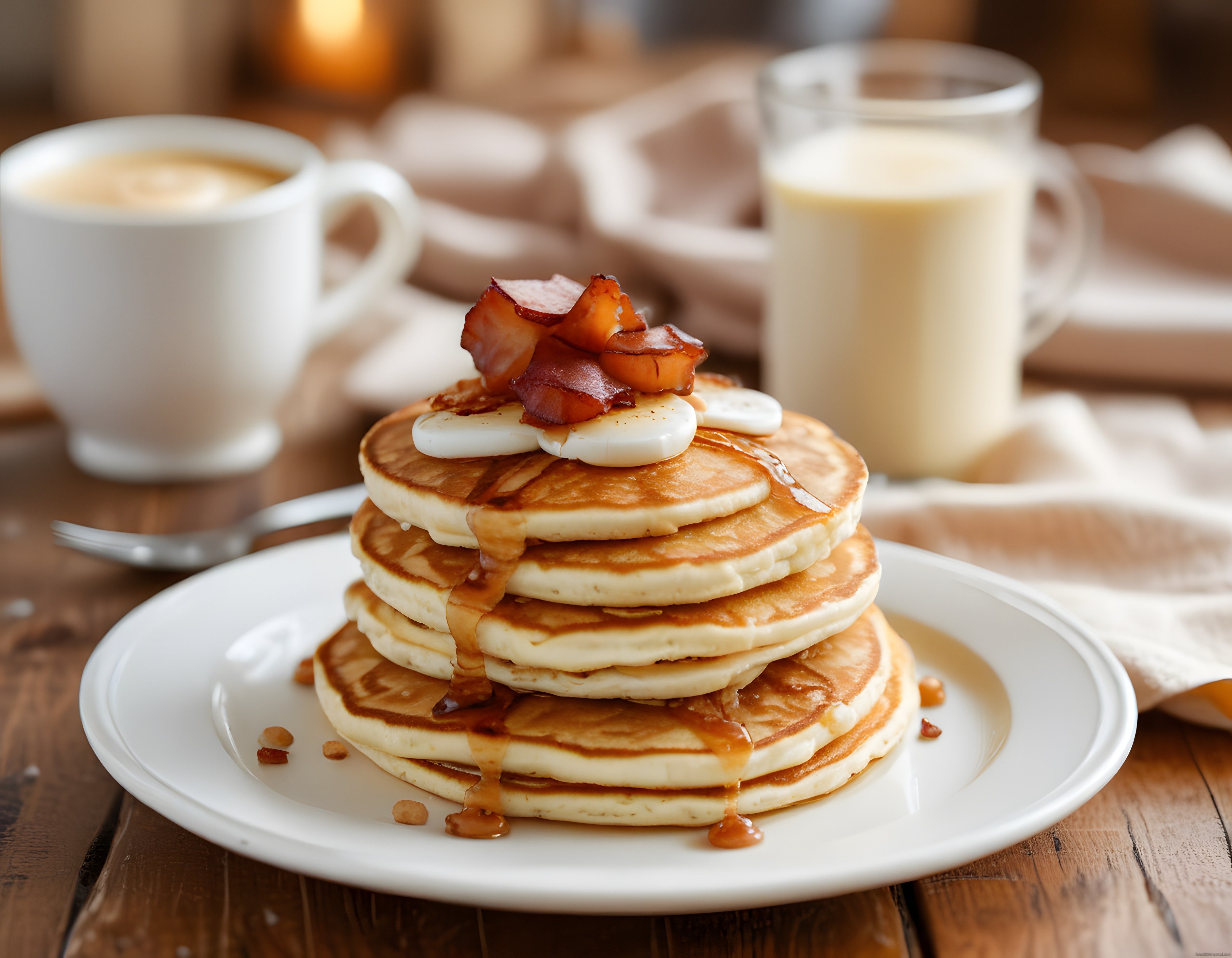 Şurubu süzülen pastırmalı pancake kulesi ve sıcak kahvaltı masası
