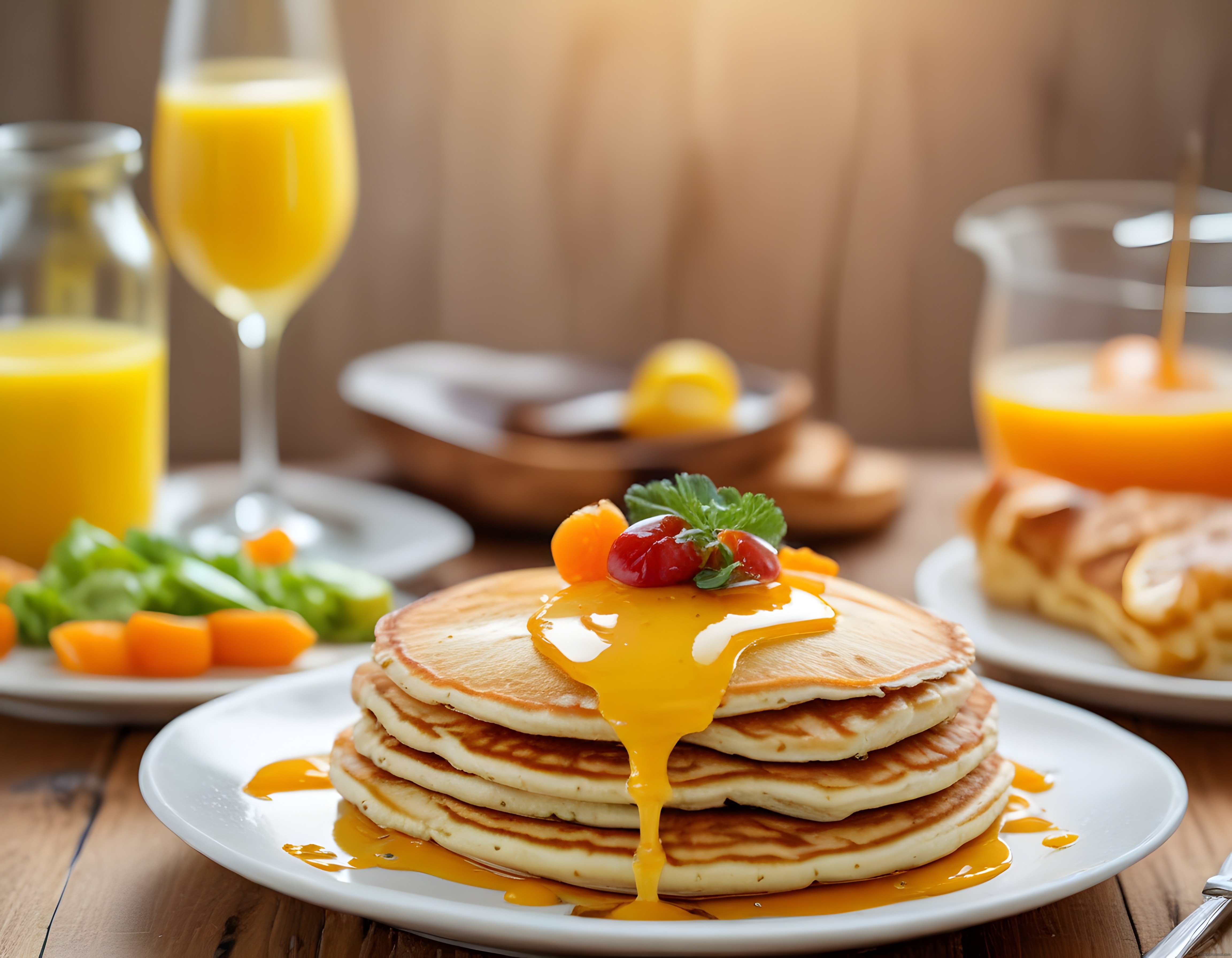 Şurup dökülen pankek, waffle ve portakal suyuyla enfes bir kahvaltı masası