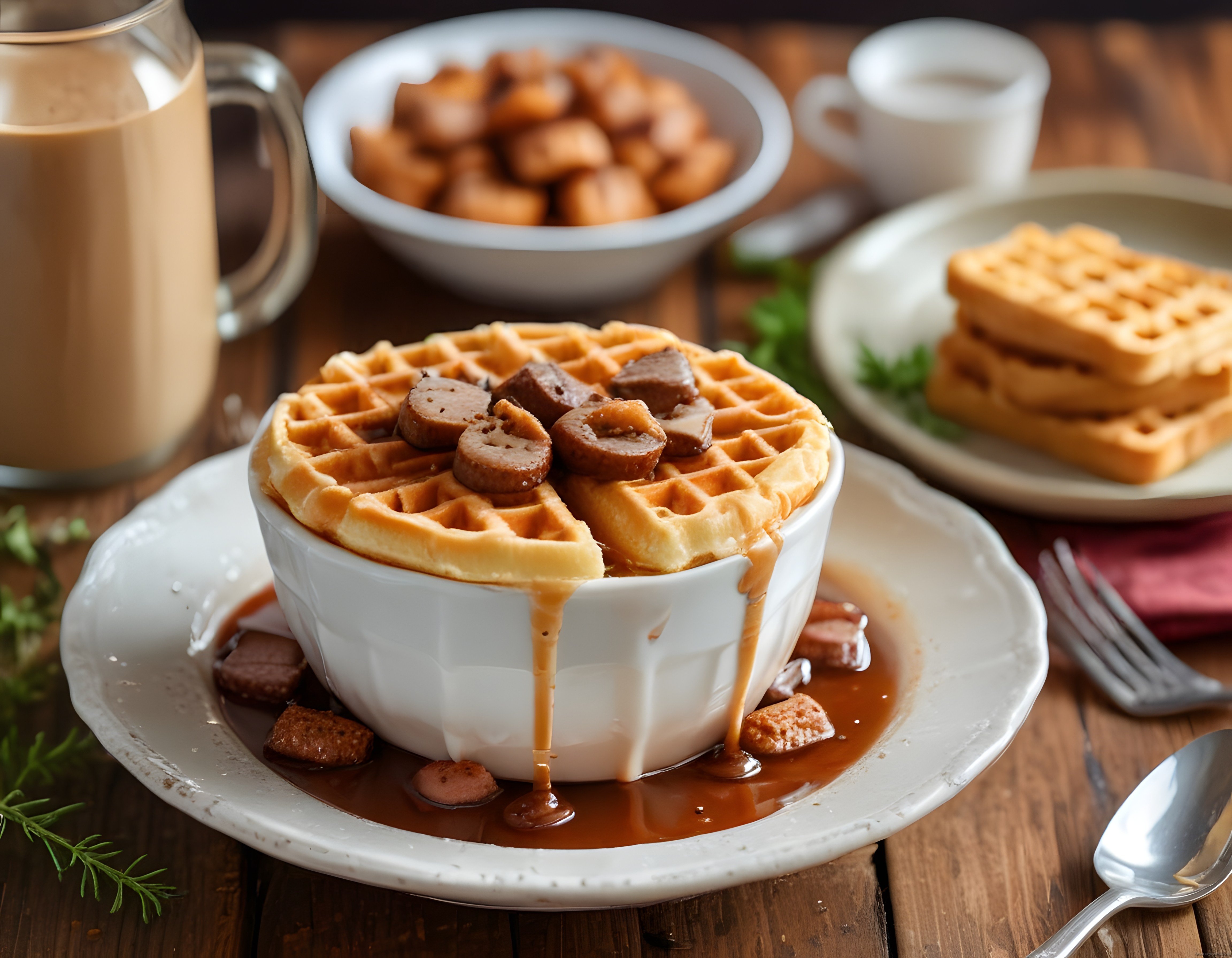 Şurup Dolu Kasede Waffle ve Sosisle Servis Edilen Sıcacık Kahvaltı Masası