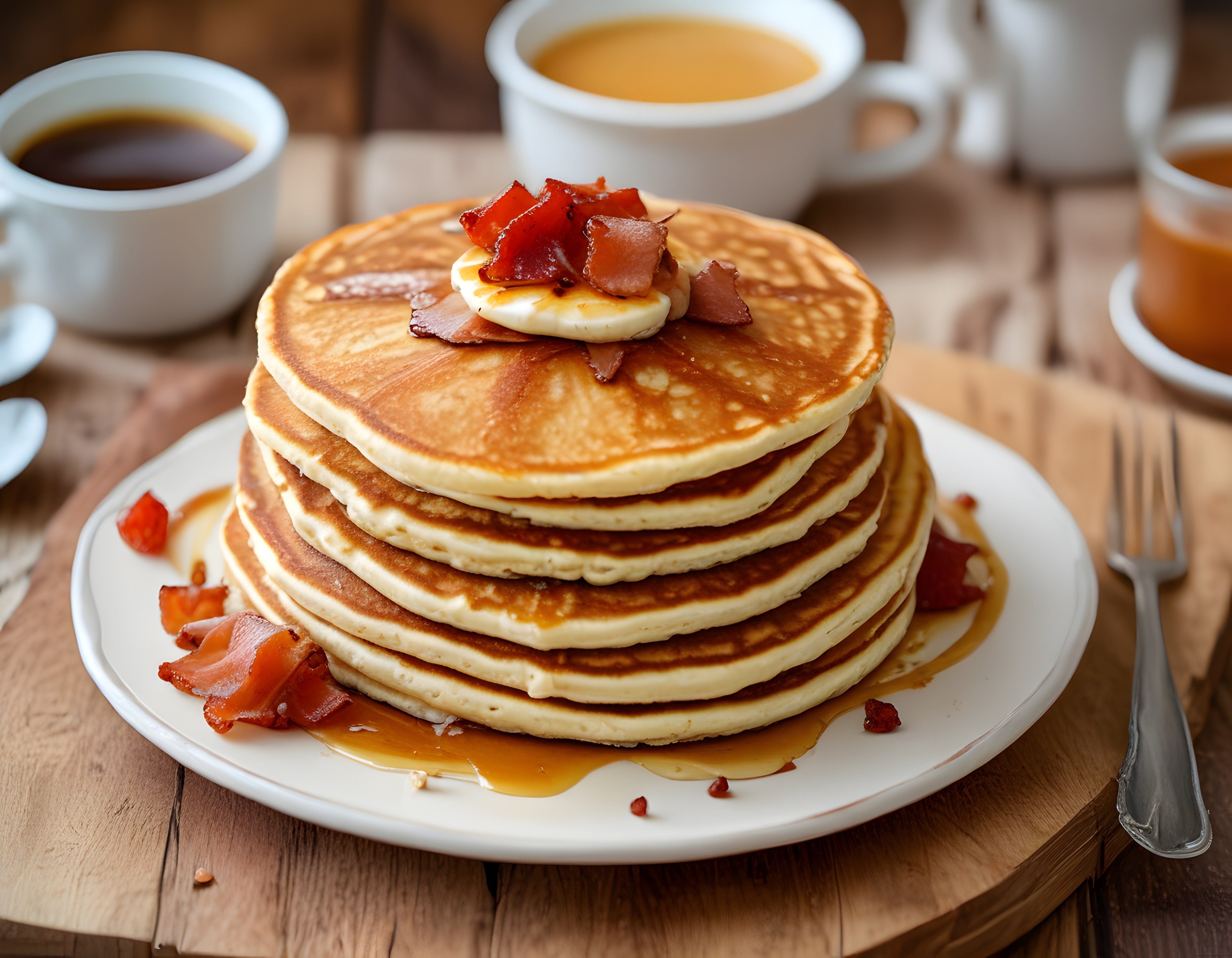 Şurup ve pastırma ile süslenmiş yumuşacık pancake kulesi ve sıcak kahve keyfi