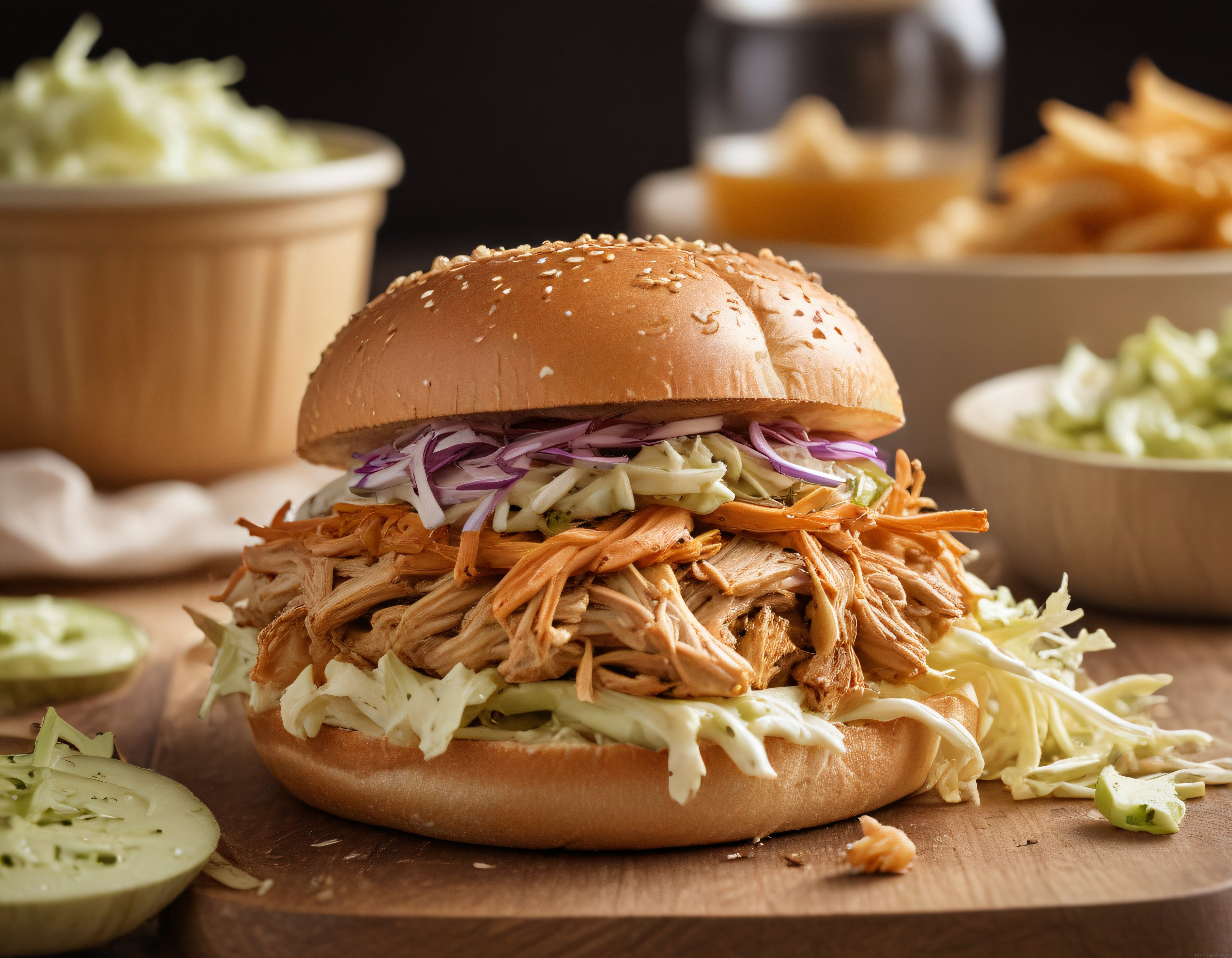 Susamlı burger ekmeği arasında barbekü soslu pulled chicken ve coleslaw