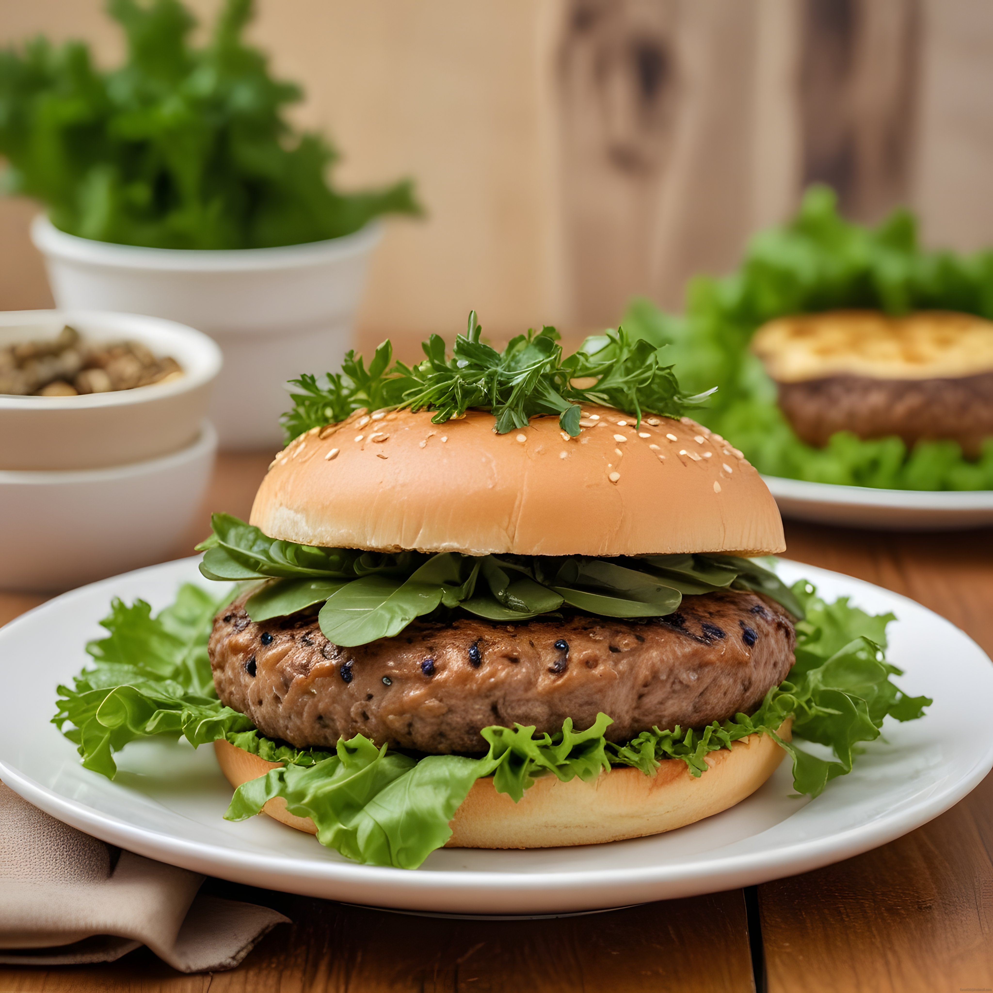Susamlı Burger Ekmeği ve Izgara Köfteli Taze Yeşillikli Hamburger Sunum