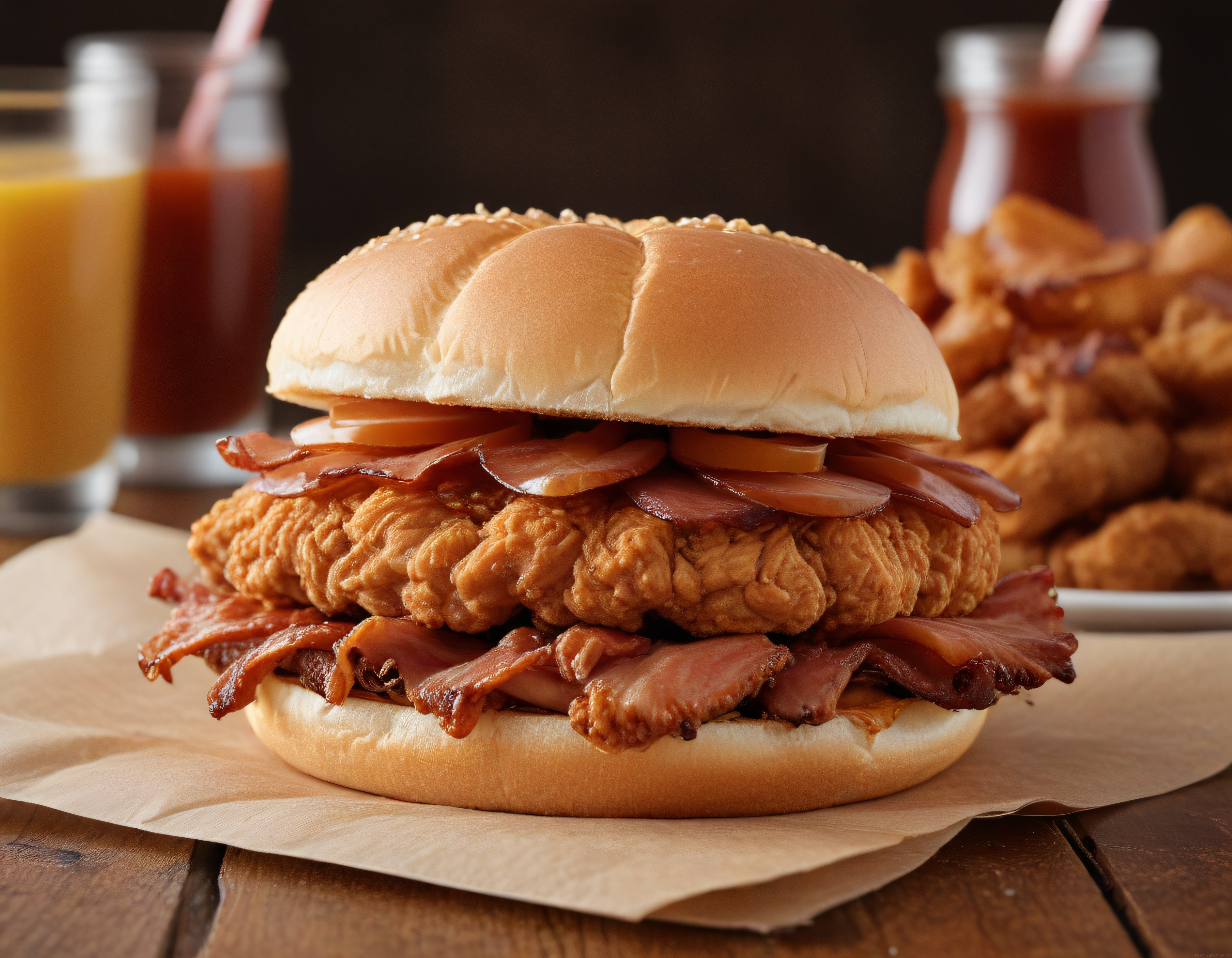Susamlı burger ekmeğinde çıtır tavuk ve kızarmış pastırma dolgulu fast food menü