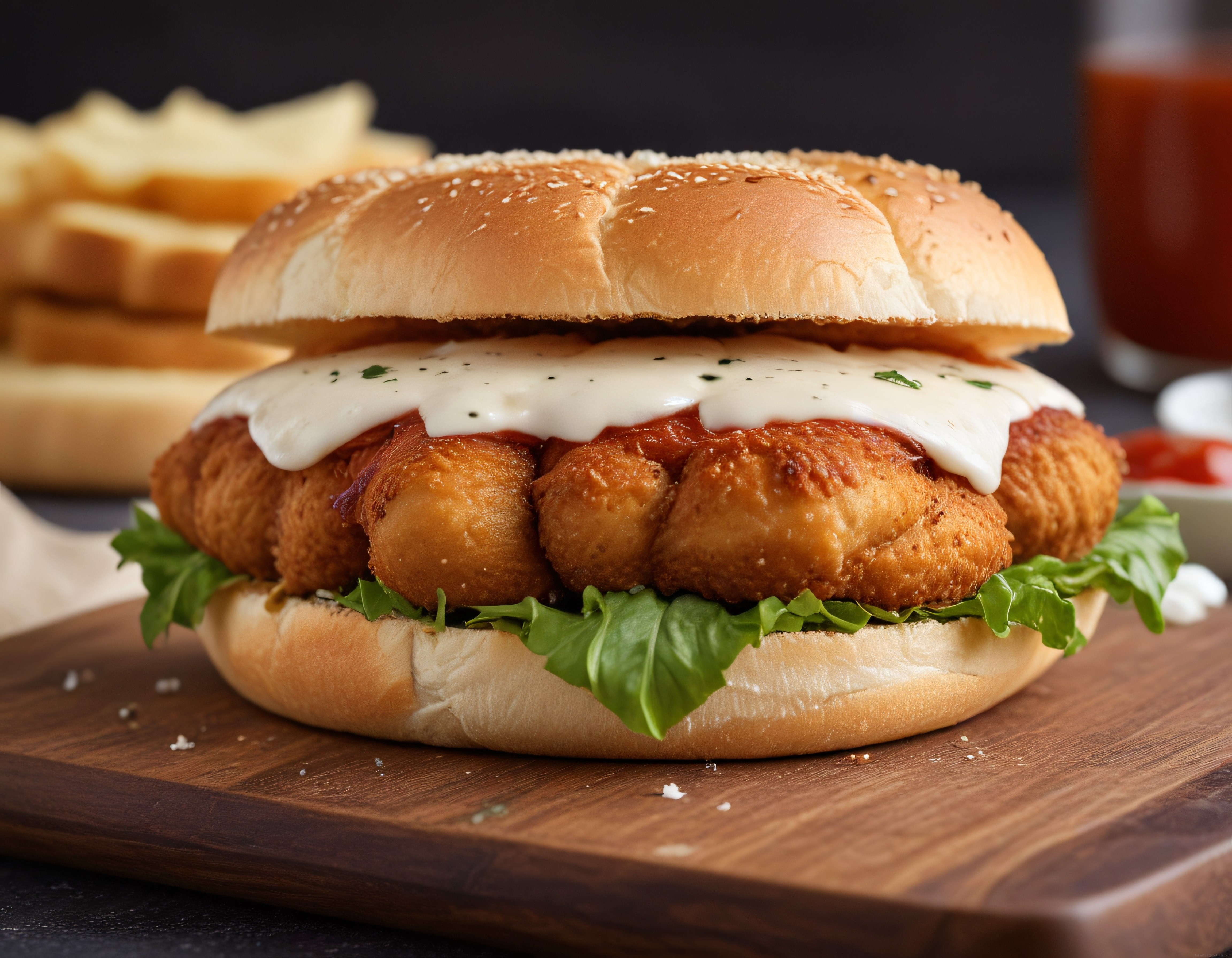 Susamlı Burger Ekmeğinde Çıtır Tavuklu Gourmet Sandviç ve Patates Kızartması