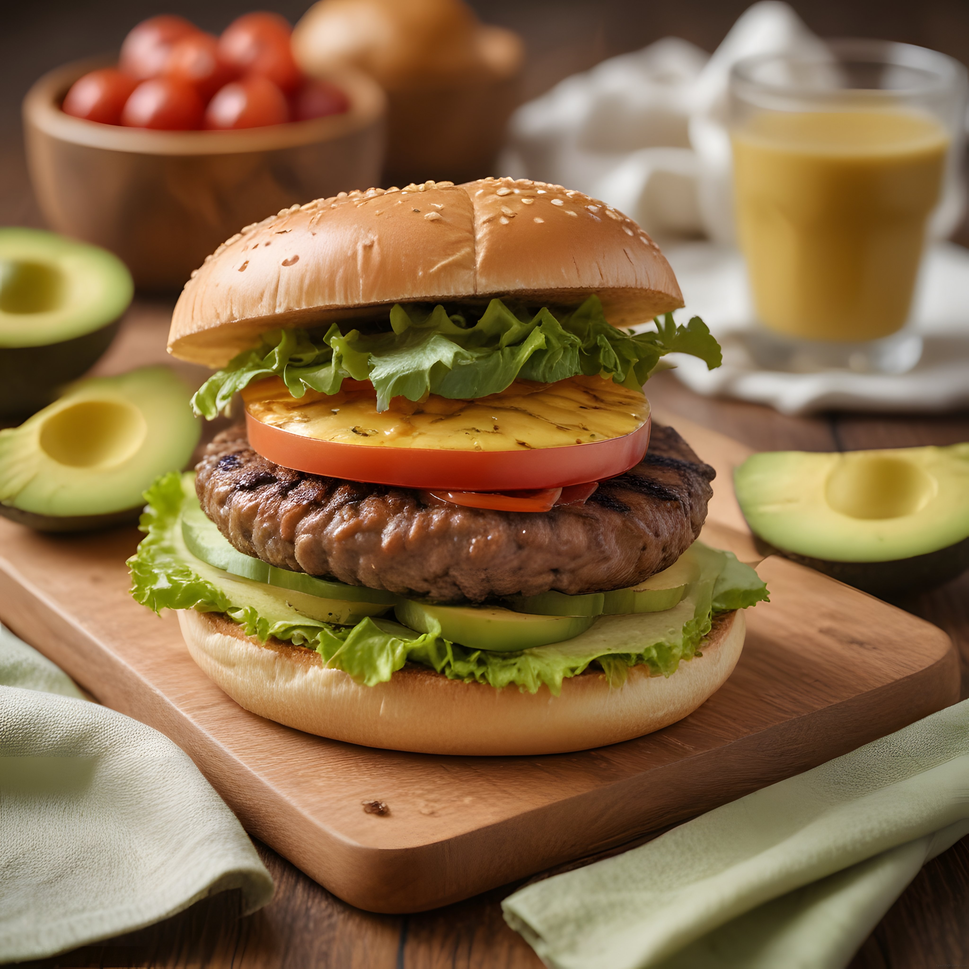 Susamlı burger ekmeğinde ızgara köfte, ananas ve avokado ile nefis hamburger.