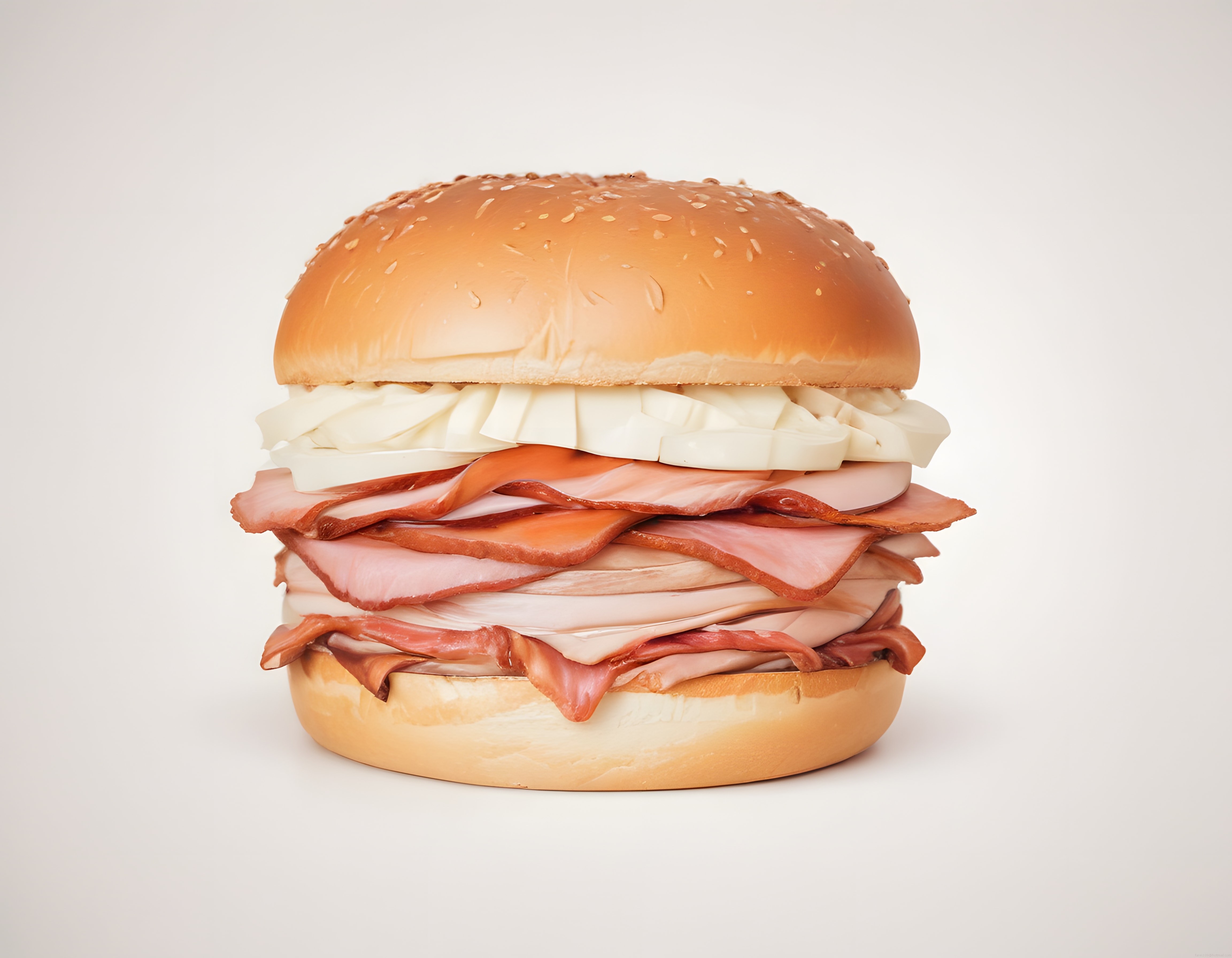 Susamlı burger ekmeğinde jambon ve beyaz peynirli katmanlı sandviç