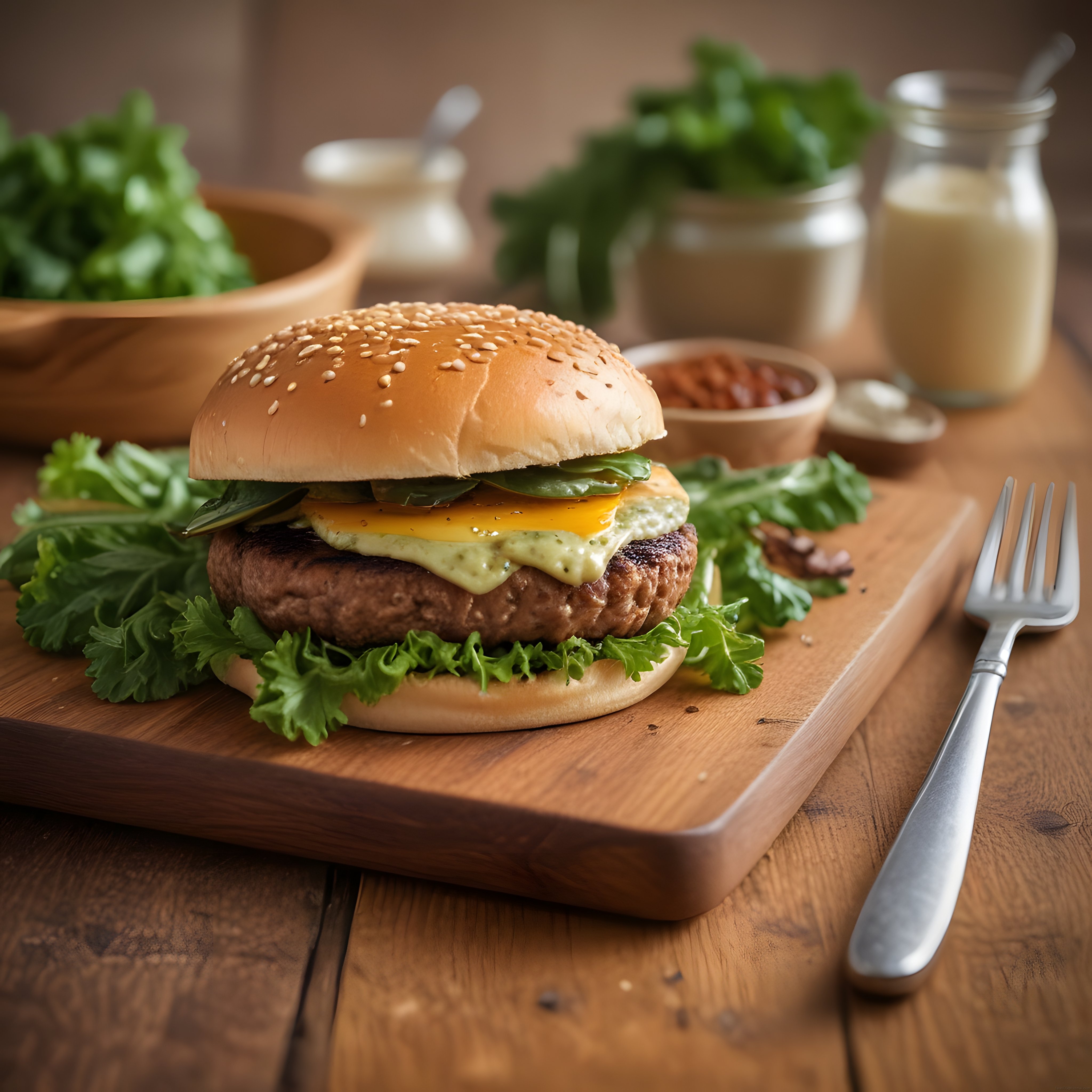 Susamlı burger, yumurta ve taze yeşilliklerle ahşap sunum tahtasında