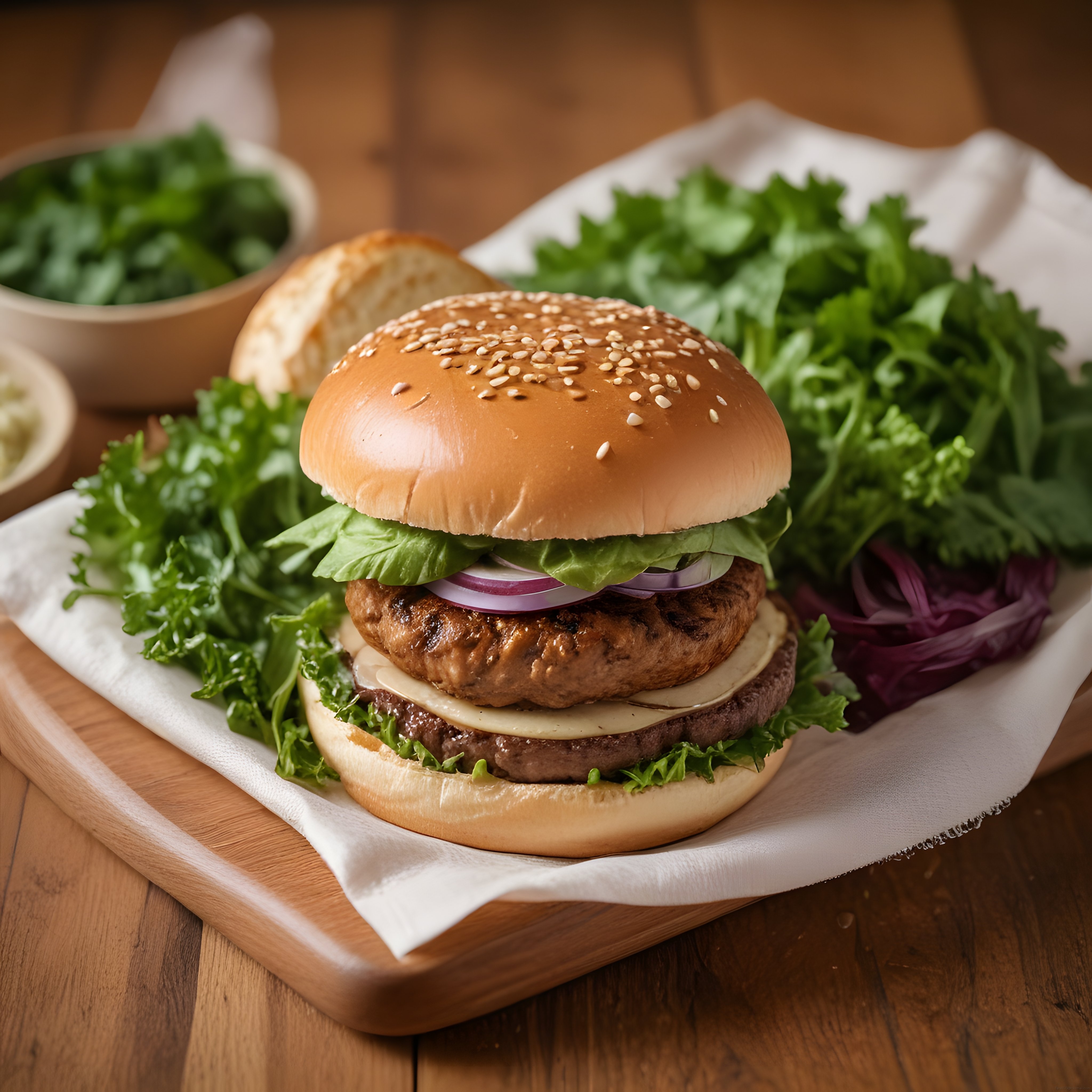 Susamlı Çift Katlı Burger: Marul ve Kırmızı Soğan ile Mükemmel Sunum