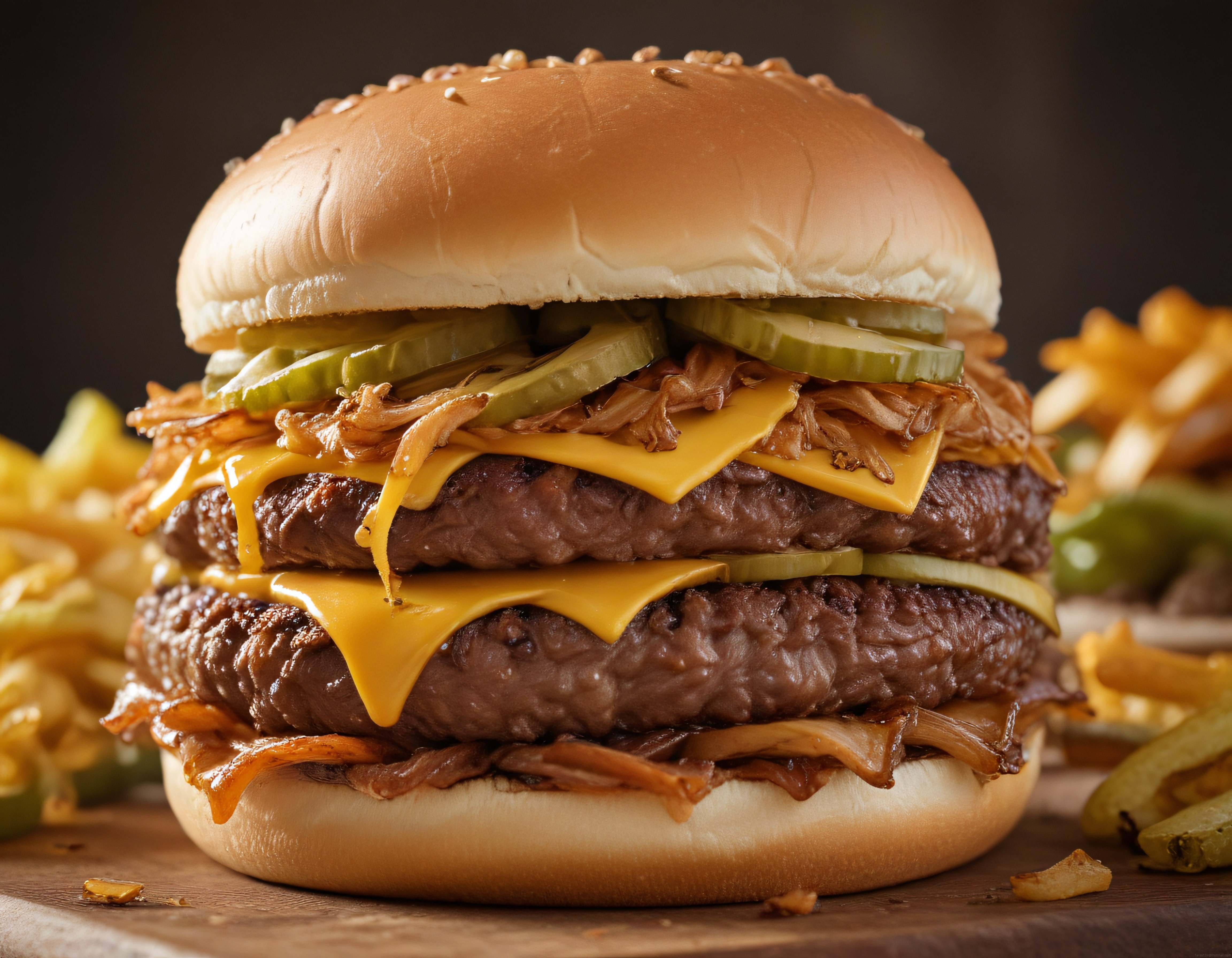 Susamlı Çift Katlı Cheddar Burger, Karamelize Soğan ve Patates Kızartması