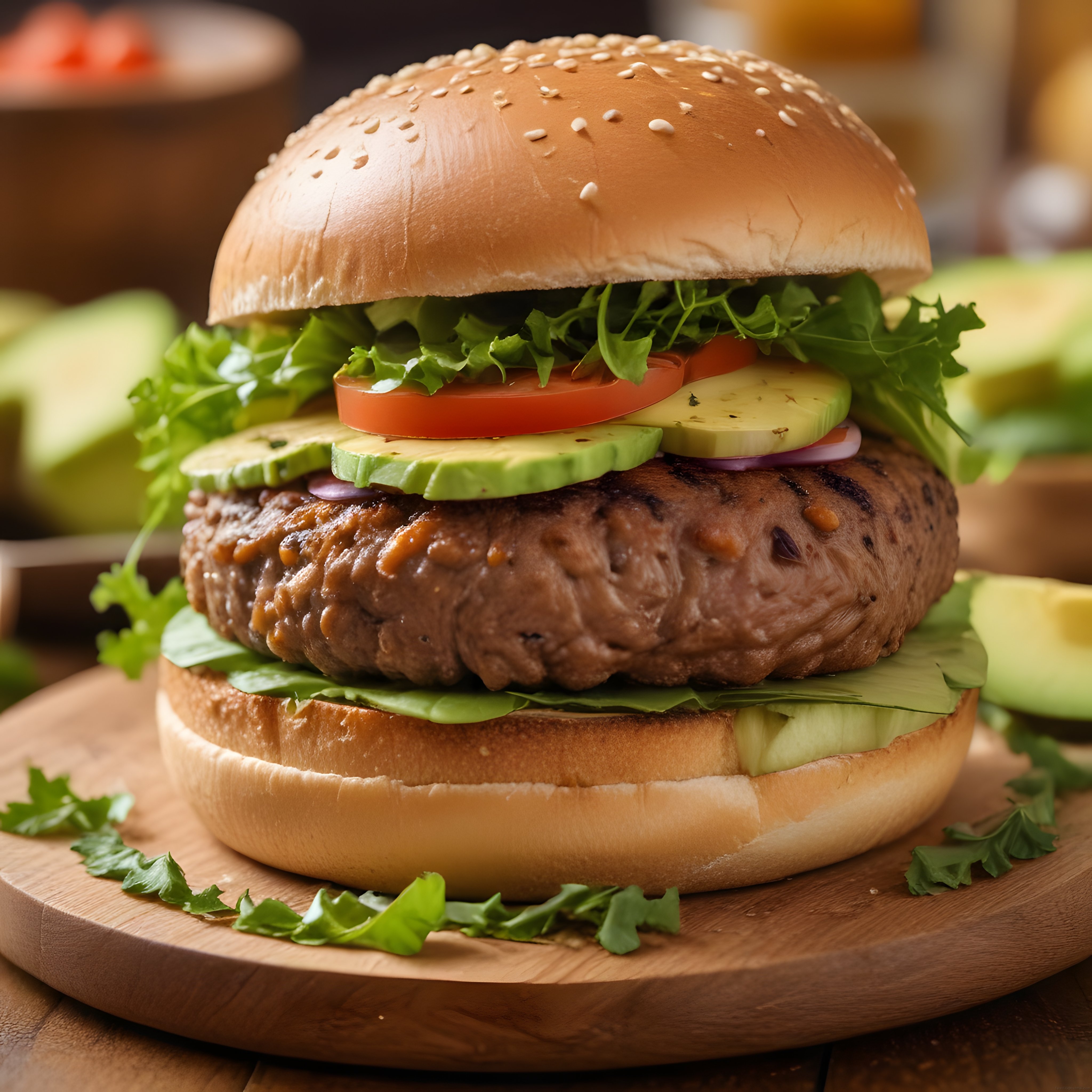 Susamlı çörekli avokadolu hamburger, domates ve marulla servis edilmiş