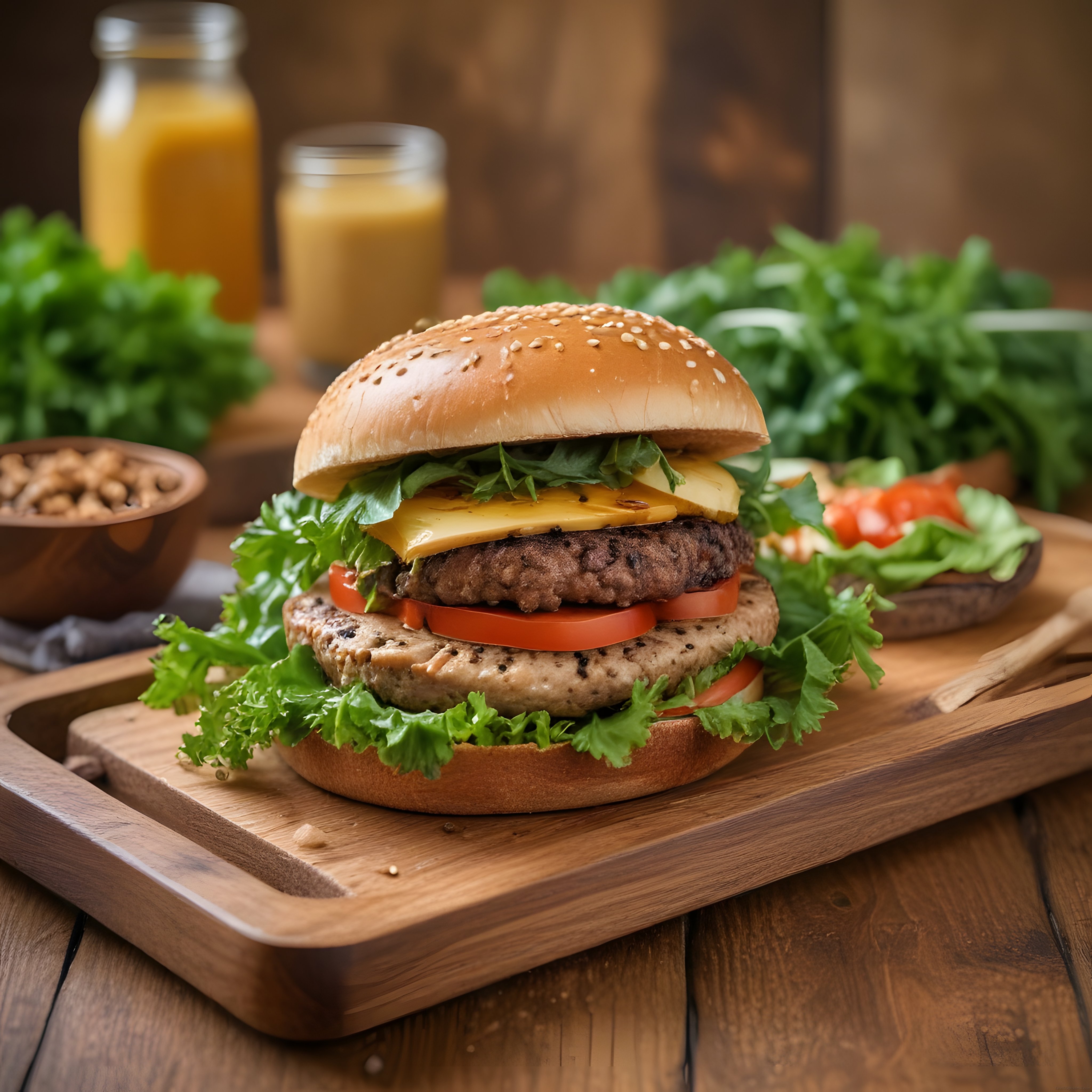Susamlı çörekli, köfteli ve peynirli hamburger servis edilmiş ahşap tepside