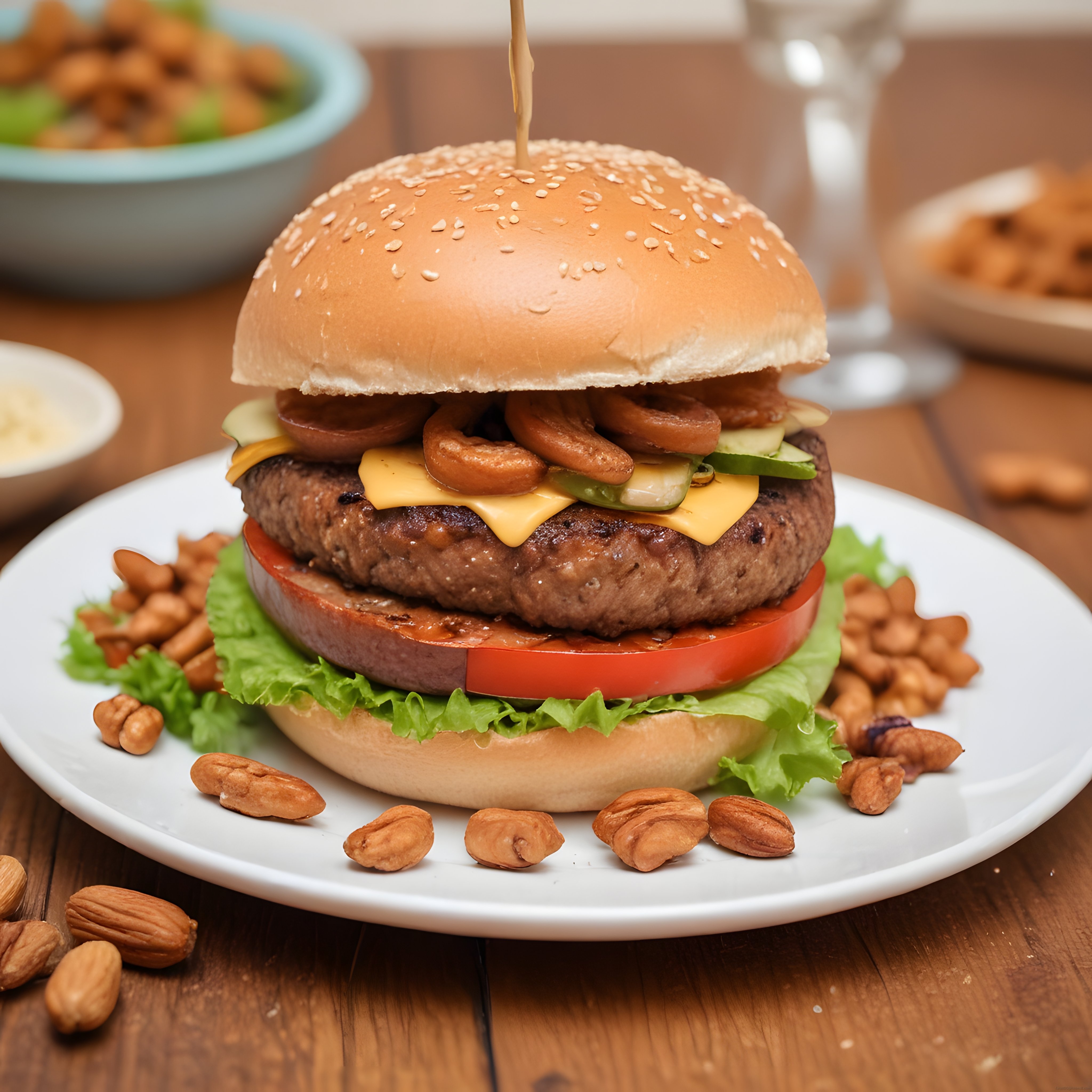 Susamlı çörekli, peynirli ve soğan halkalı hamburger beyaz tabakta