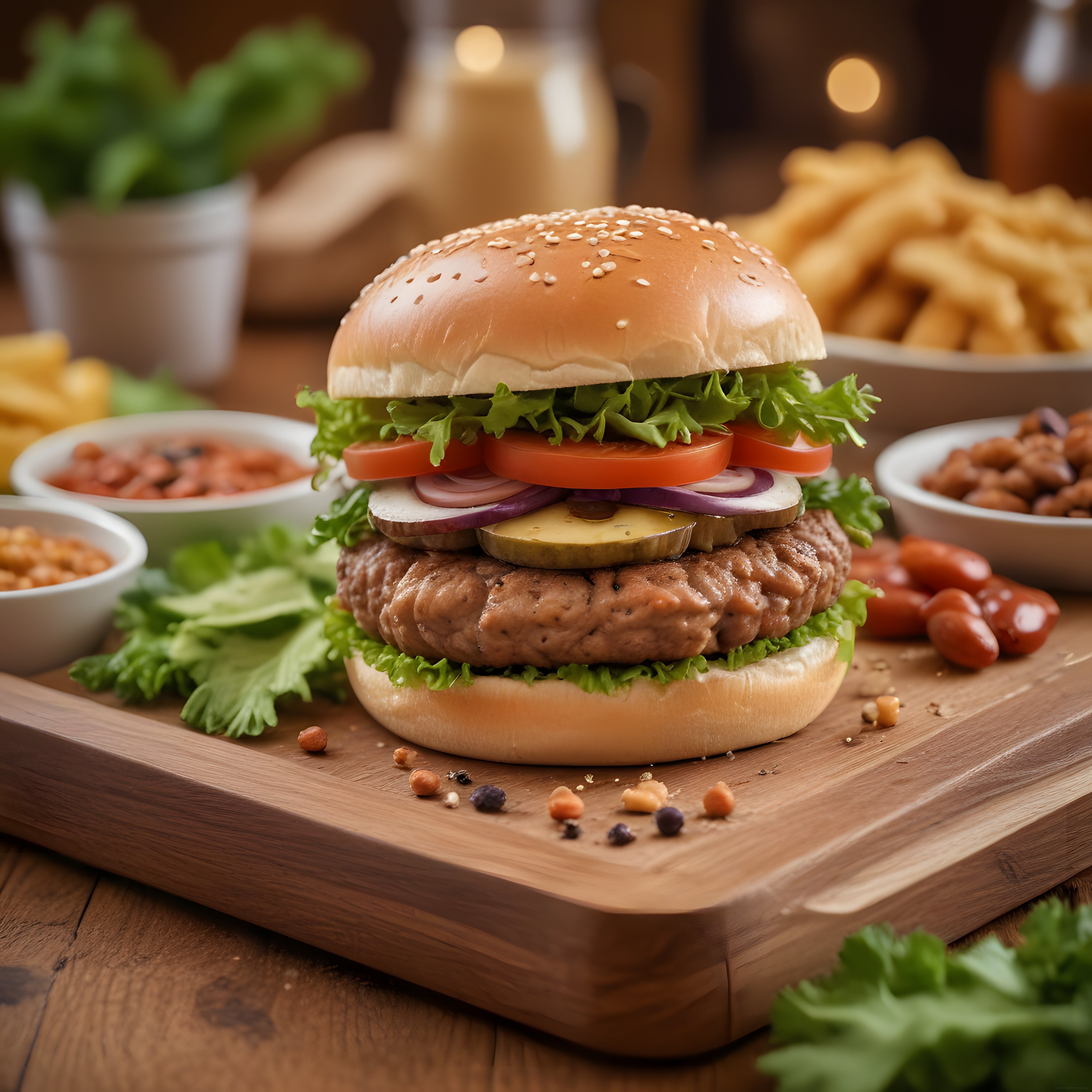 Susamlı Dana Burger, Patates Kızartması ve Yan Lezzetlerle Kompozisyon