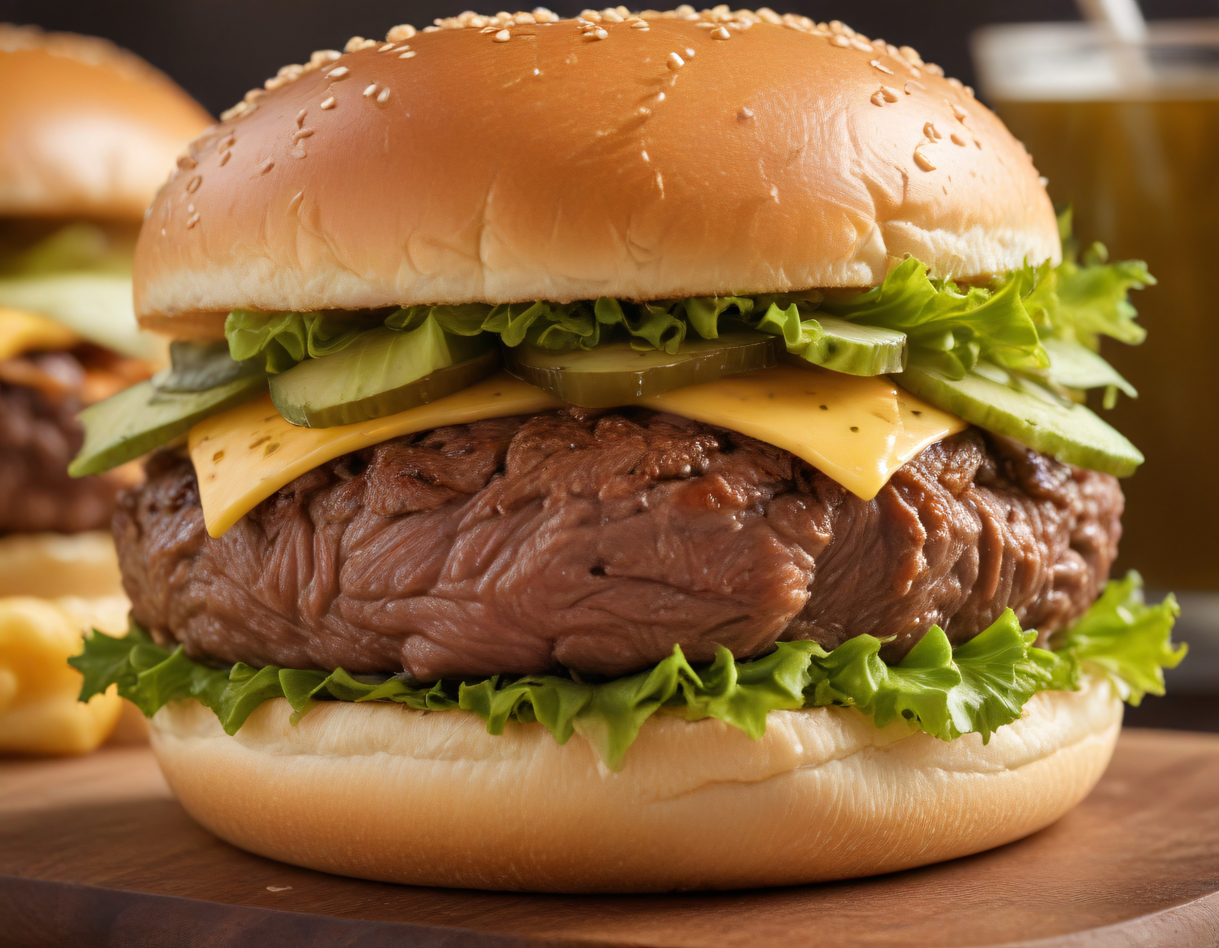 Susamlı Ekmeğinde Cheddar Peynirli ve Taze Marullu Nefis Cheeseburger