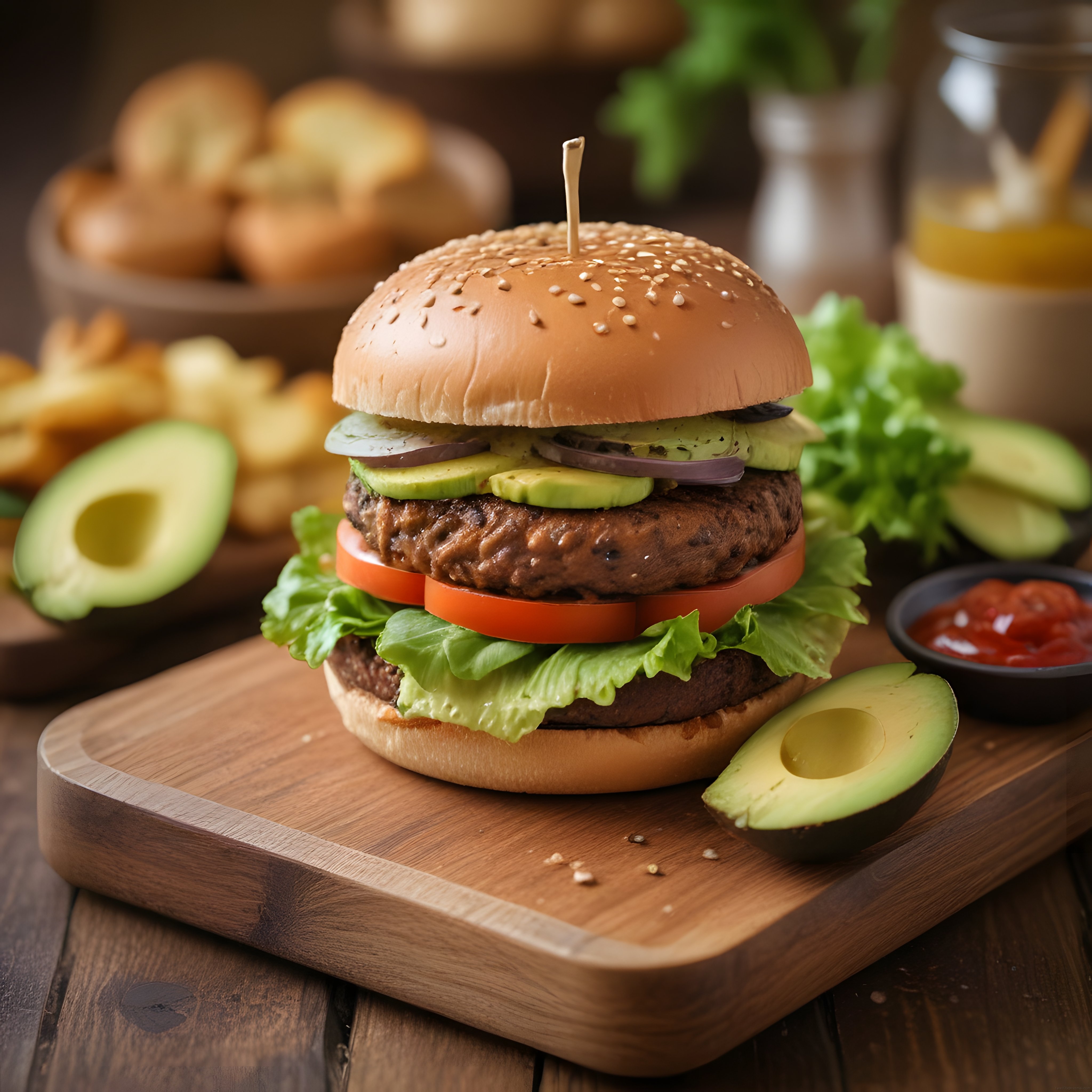 Susamlı Ekmeğinde Çift Katlı Avokadolu Hamburger ve Patates Kızartması