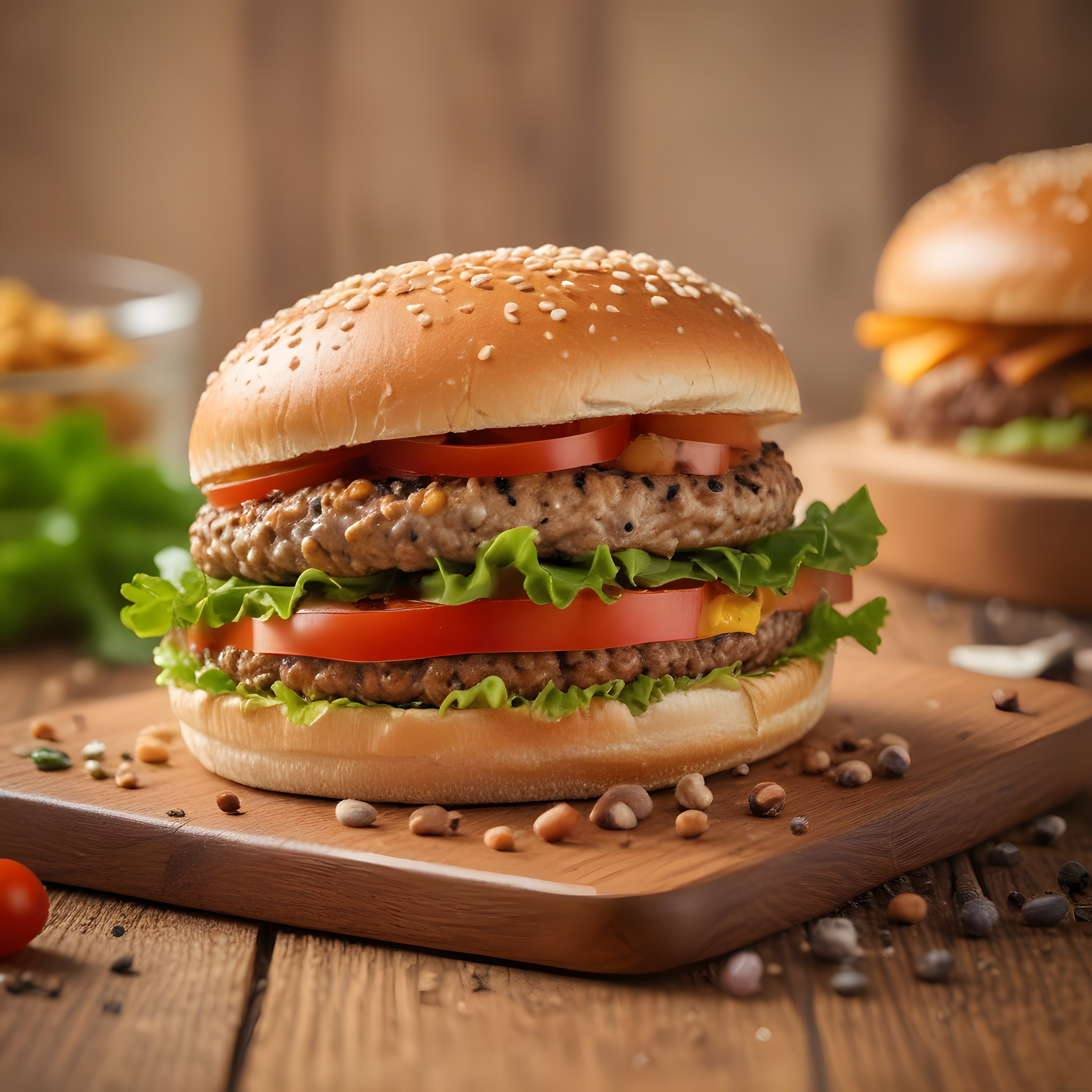 Susamlı Ekmeğinde Çift Katlı Hamburger: Izgara Köfte ve Taze Sebzeler