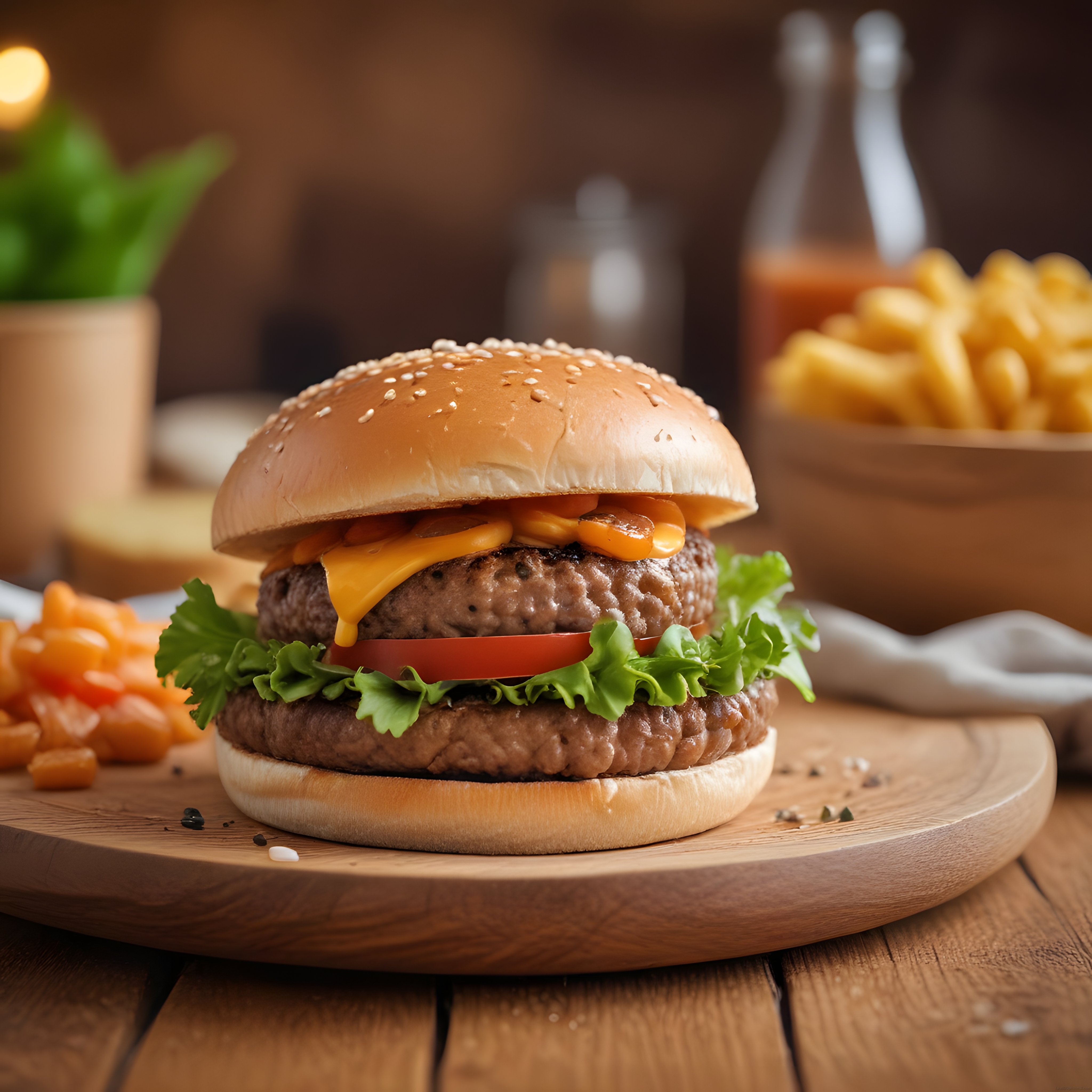 Susamlı Ekmeğinde Çift Katlı Peynirli Hamburger ve Patates Kızartması
