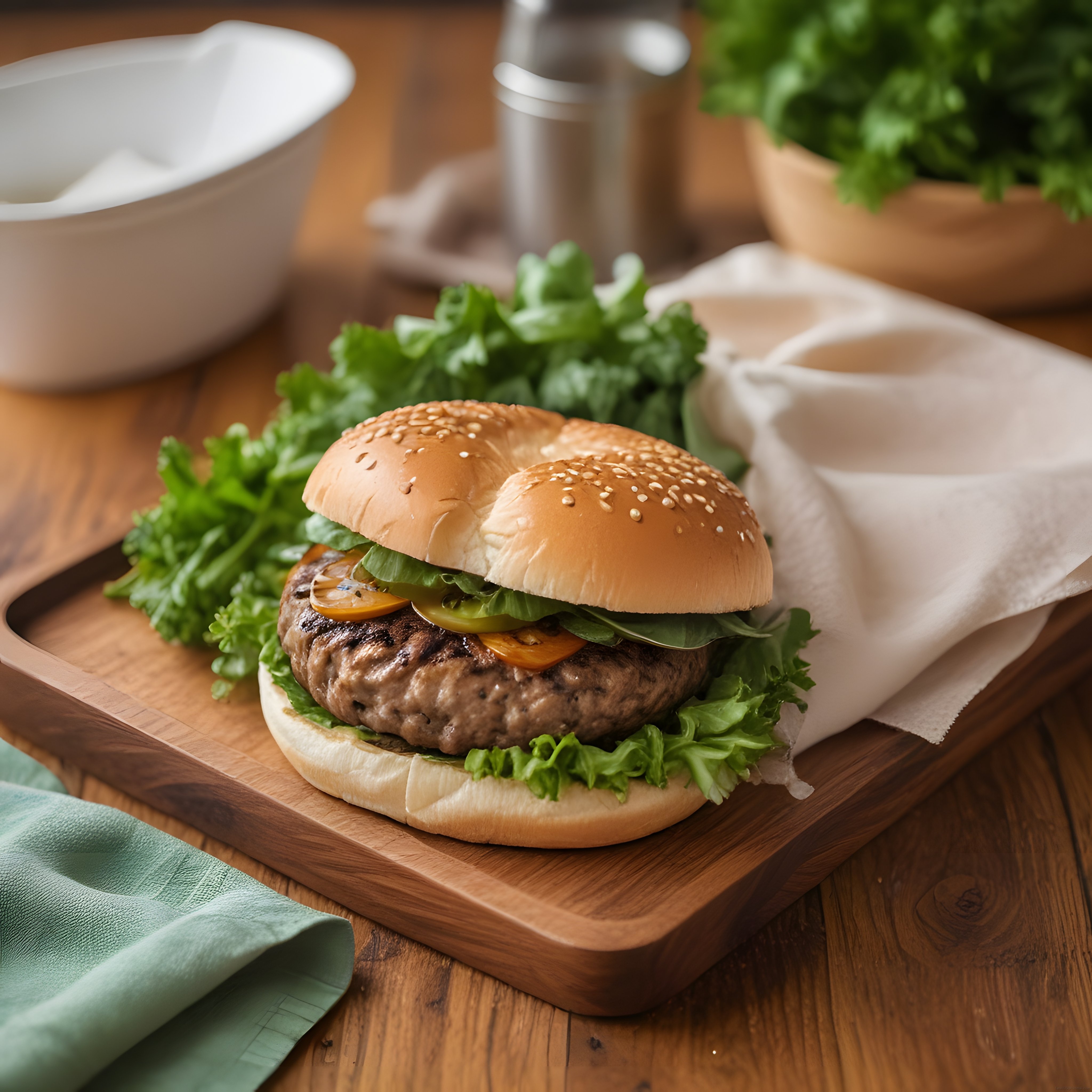 Susamlı ekmeğiyle nefis hamburger, ahşap sunum tahtasında taze yeşilliklerle.