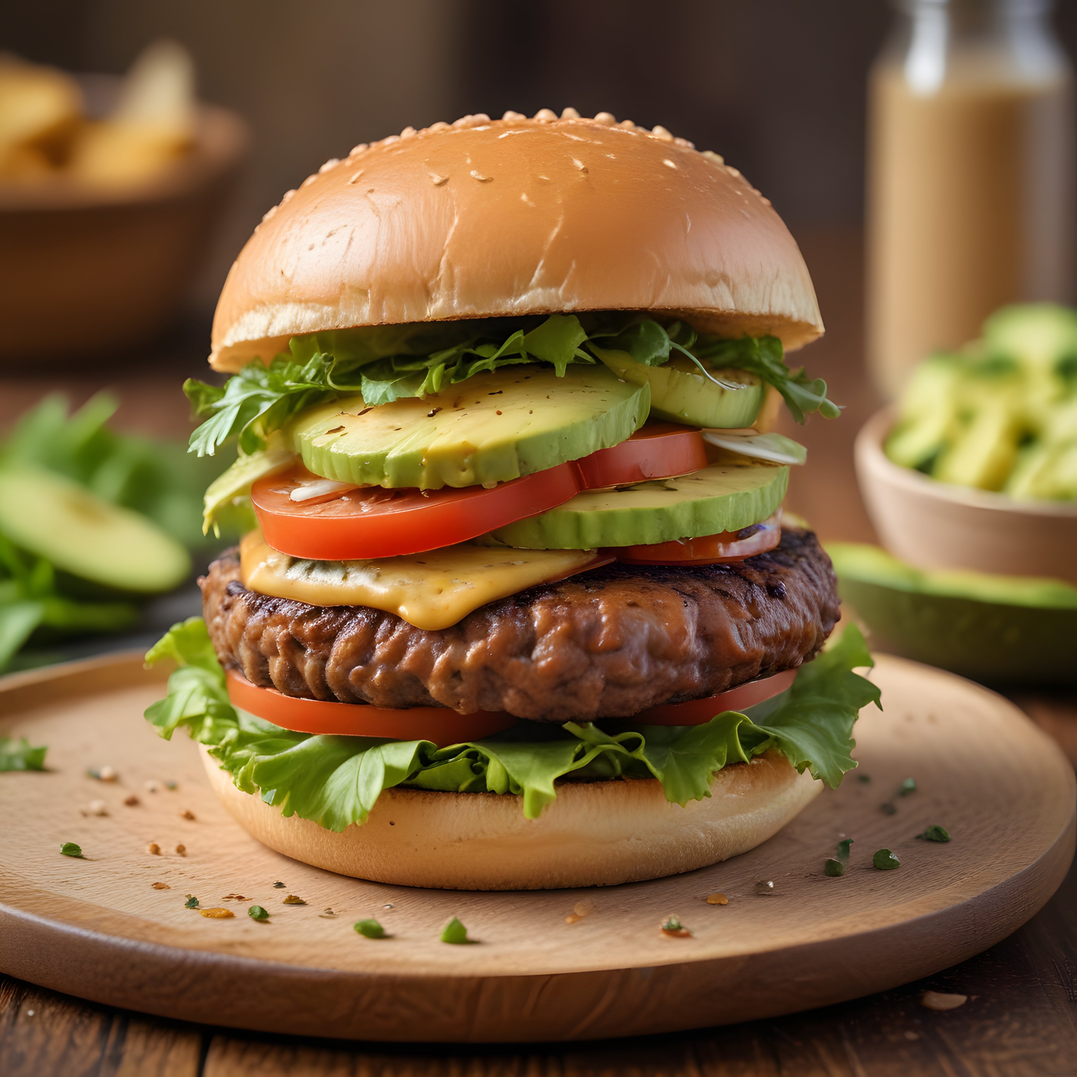Susamlı Ekmek Arası Avokadolu Izgara Burger ve Eriyen Kaşar Peyniri