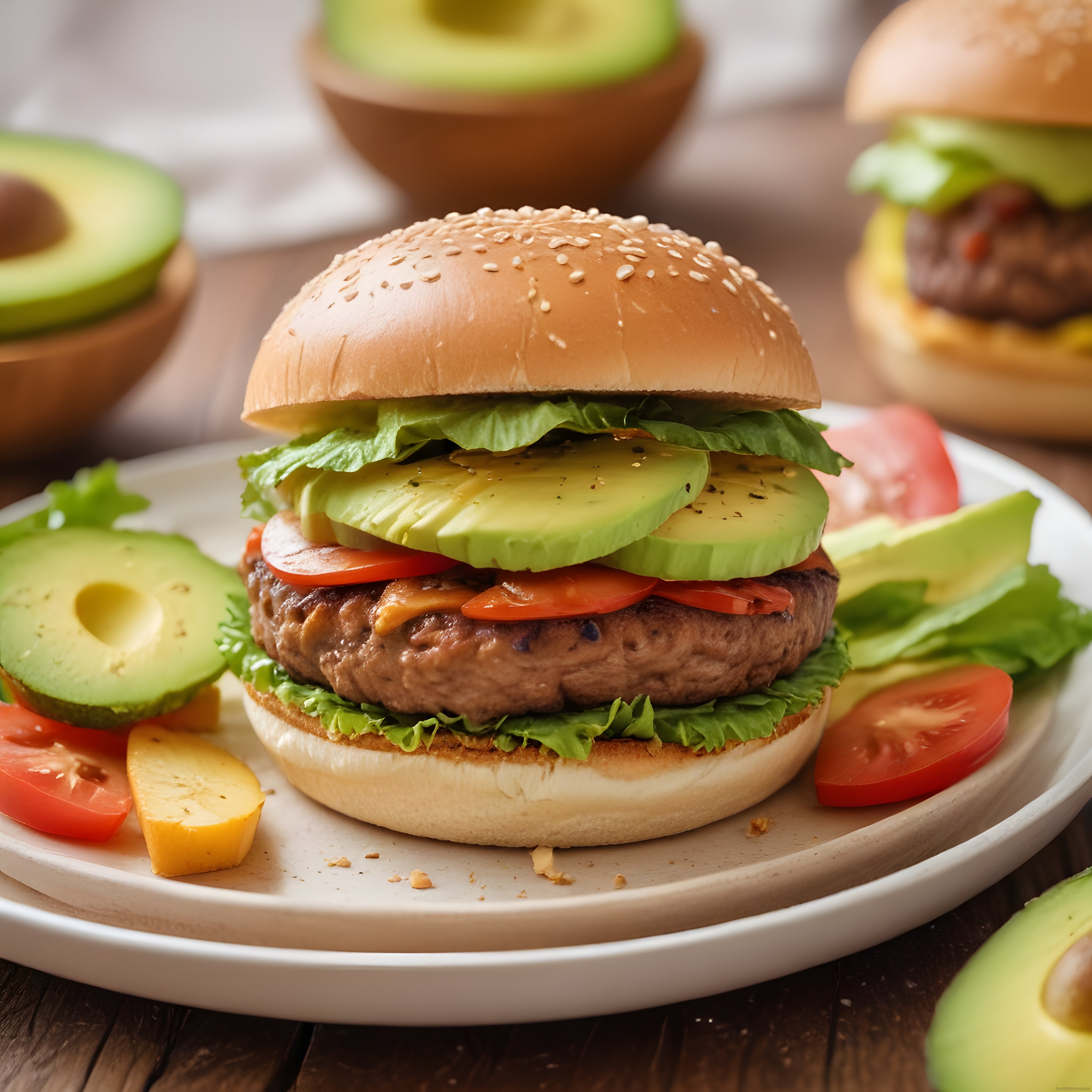 Susamlı ekmek arası avokadolu ve domatesli nefis ev yapımı hamburger sunumu