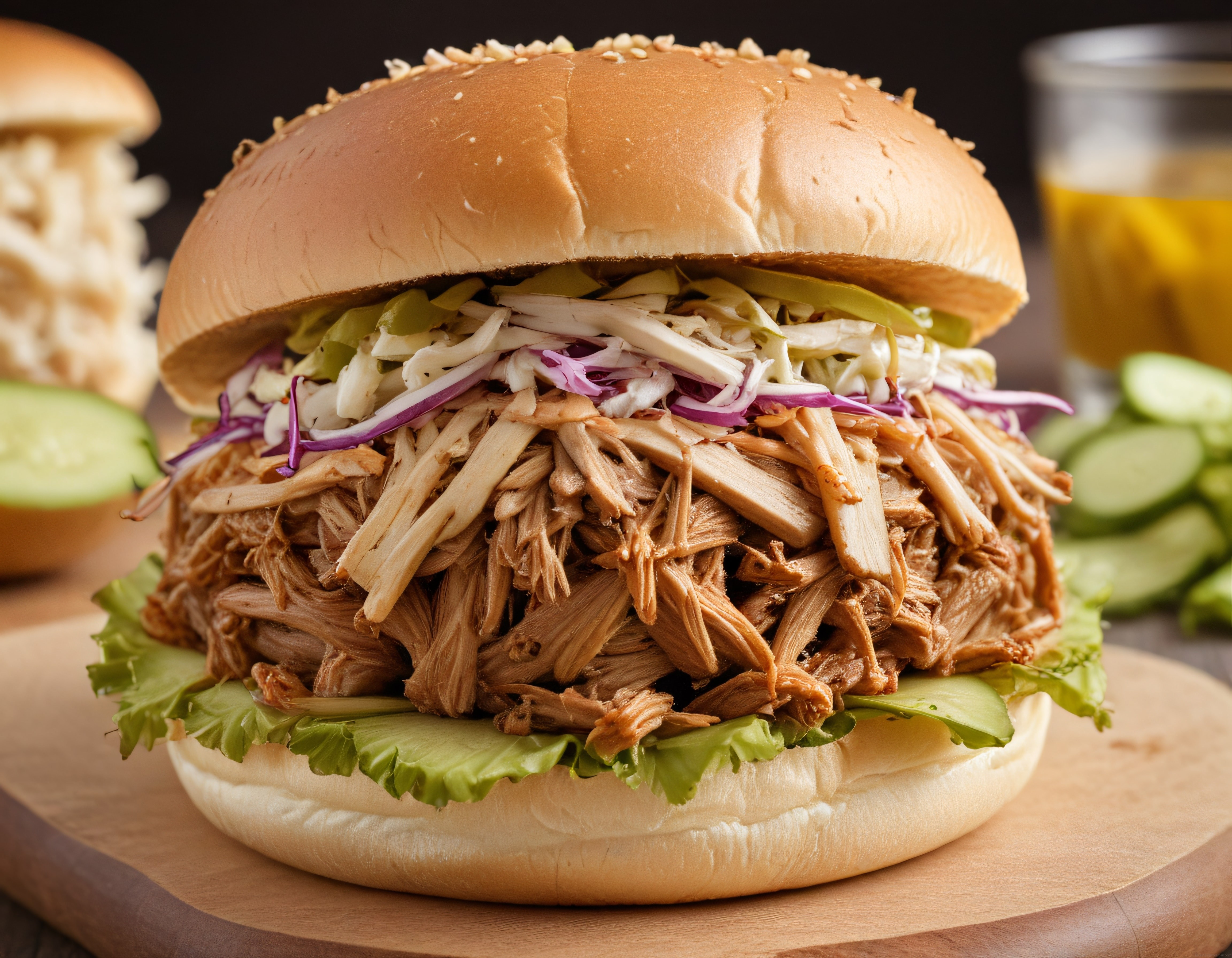 Susamlı ekmek arası bol etli özel burger ve renkli coleslaw sunumu