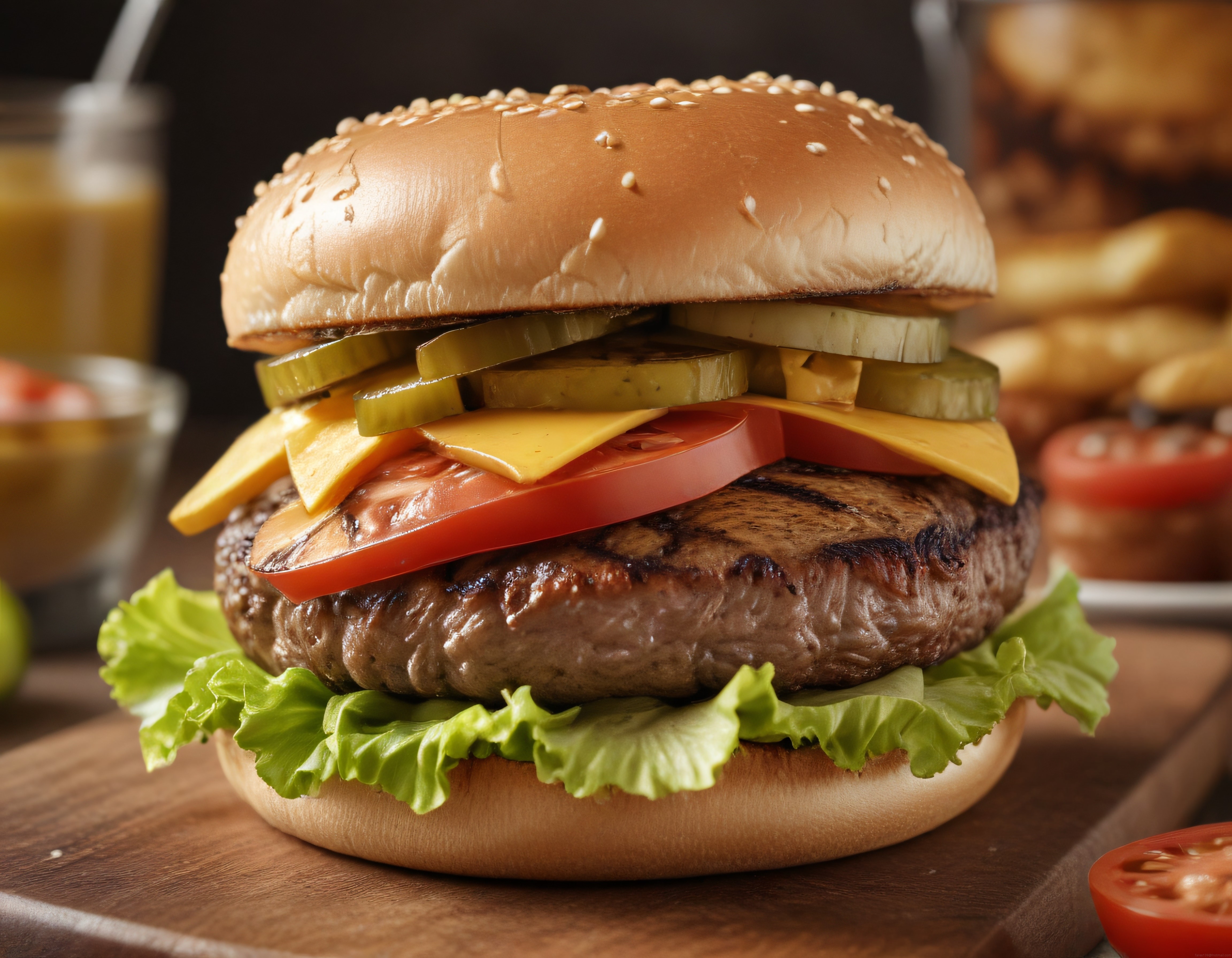 Susamlı Ekmek Arası Bol Malzemeli Izgara Hamburger ve Patates Kızartması