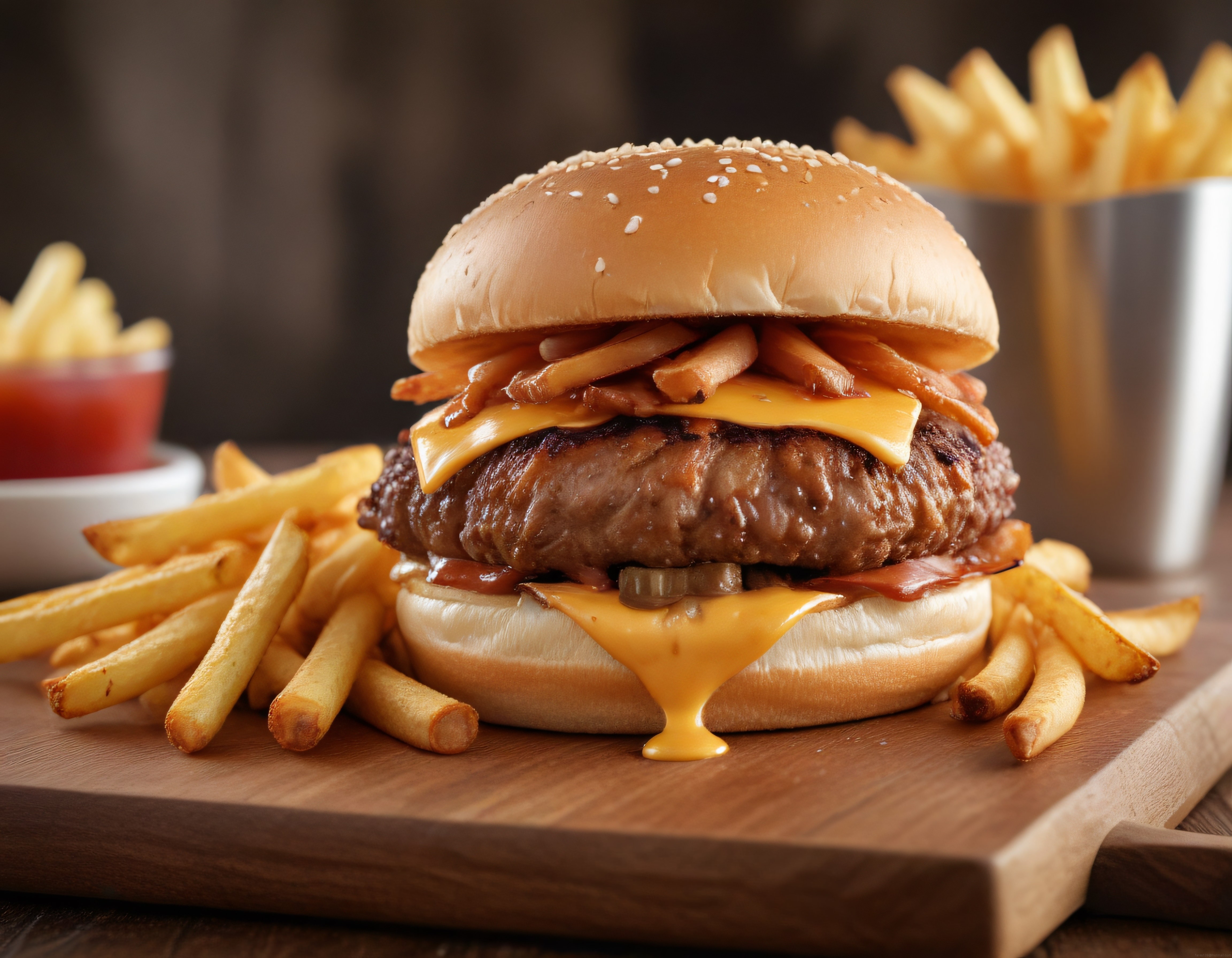 Susamlı ekmek arası cheddarlı burger ve altın rengi patates kızartması