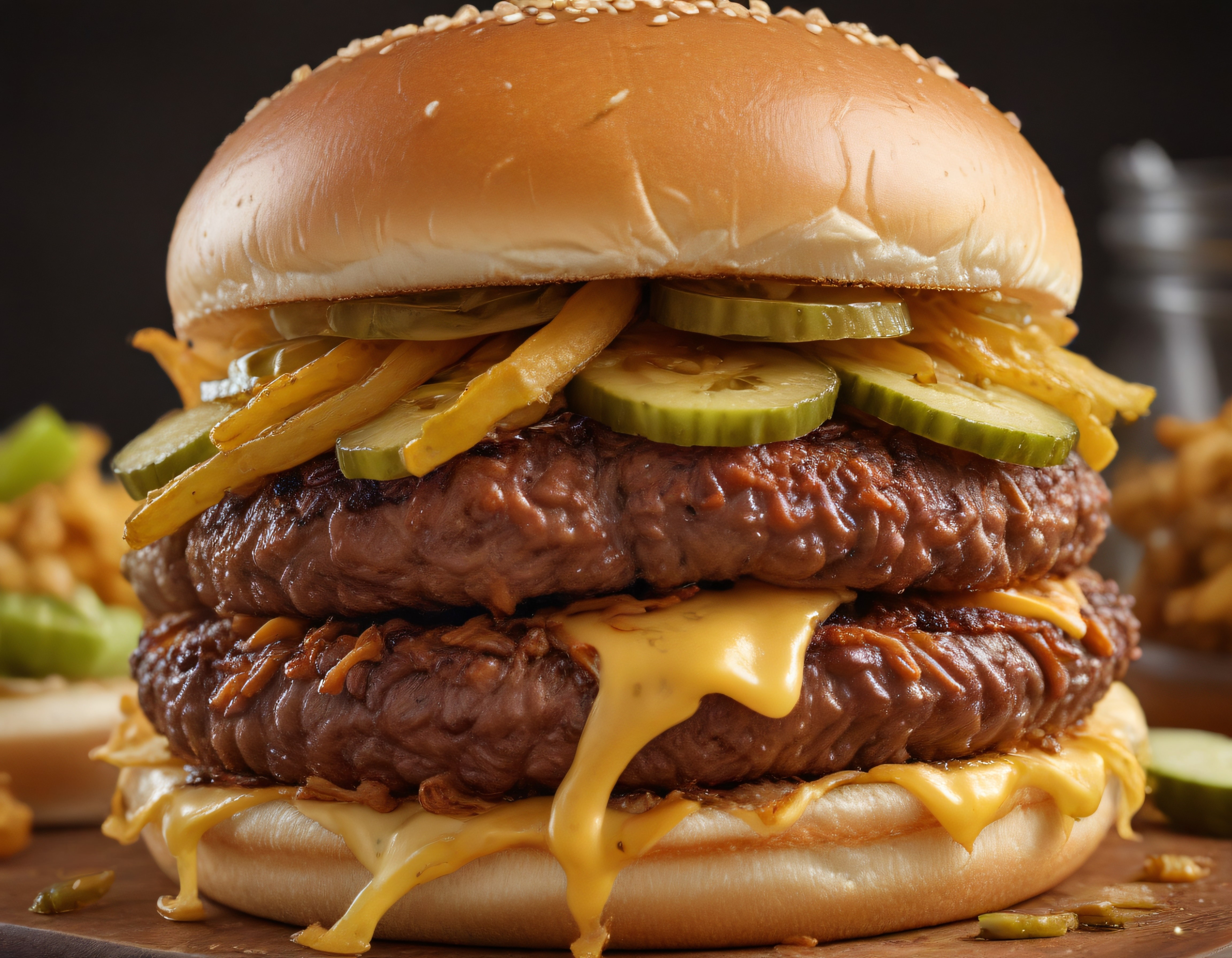 Susamlı Ekmek Arası Çift Katlı Gurme Burger ve Erimiş Cheddar Peyniri