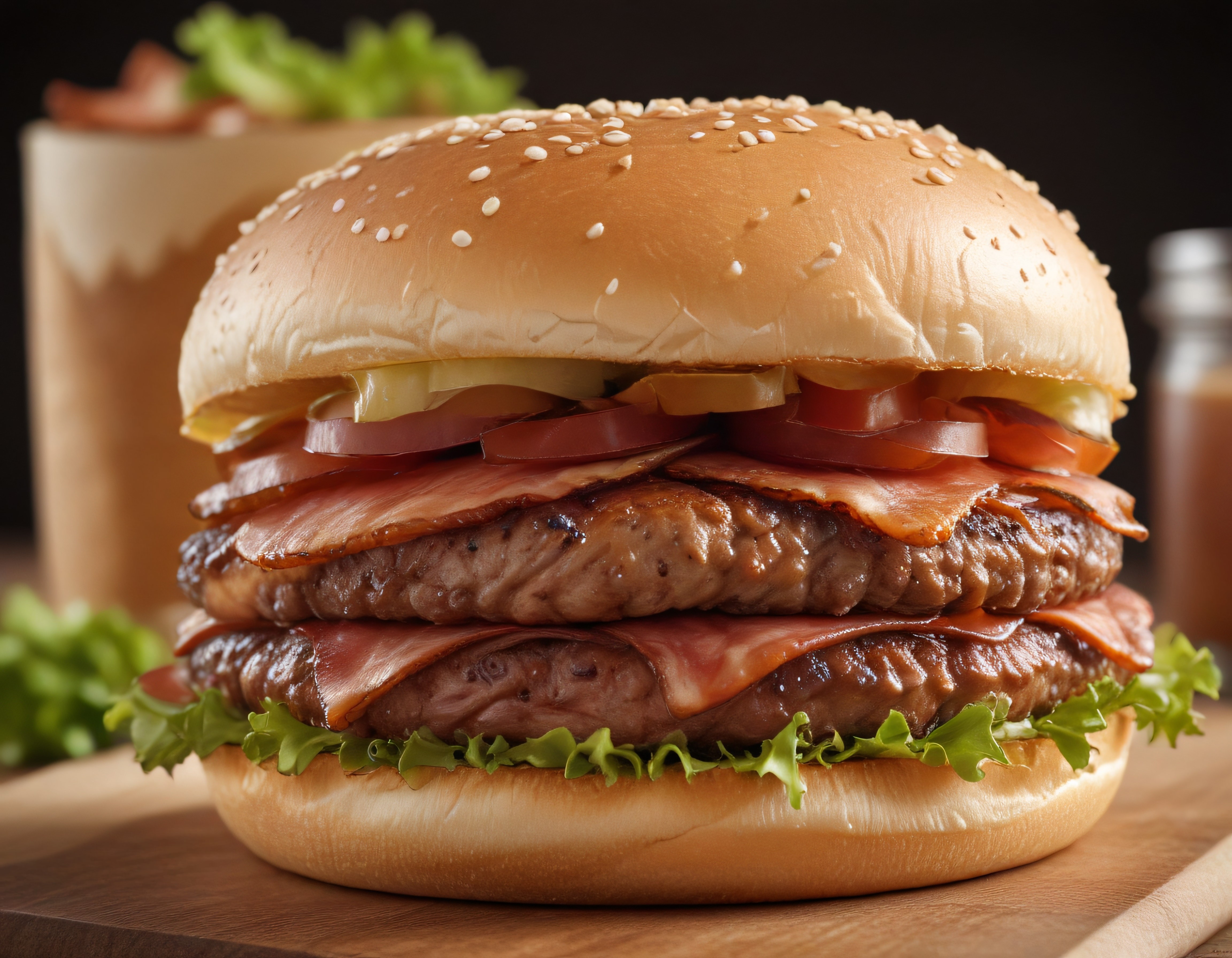 Susamlı Ekmek Arası Çift Katlı Nefis Hamburger ve Taze Malzemeler