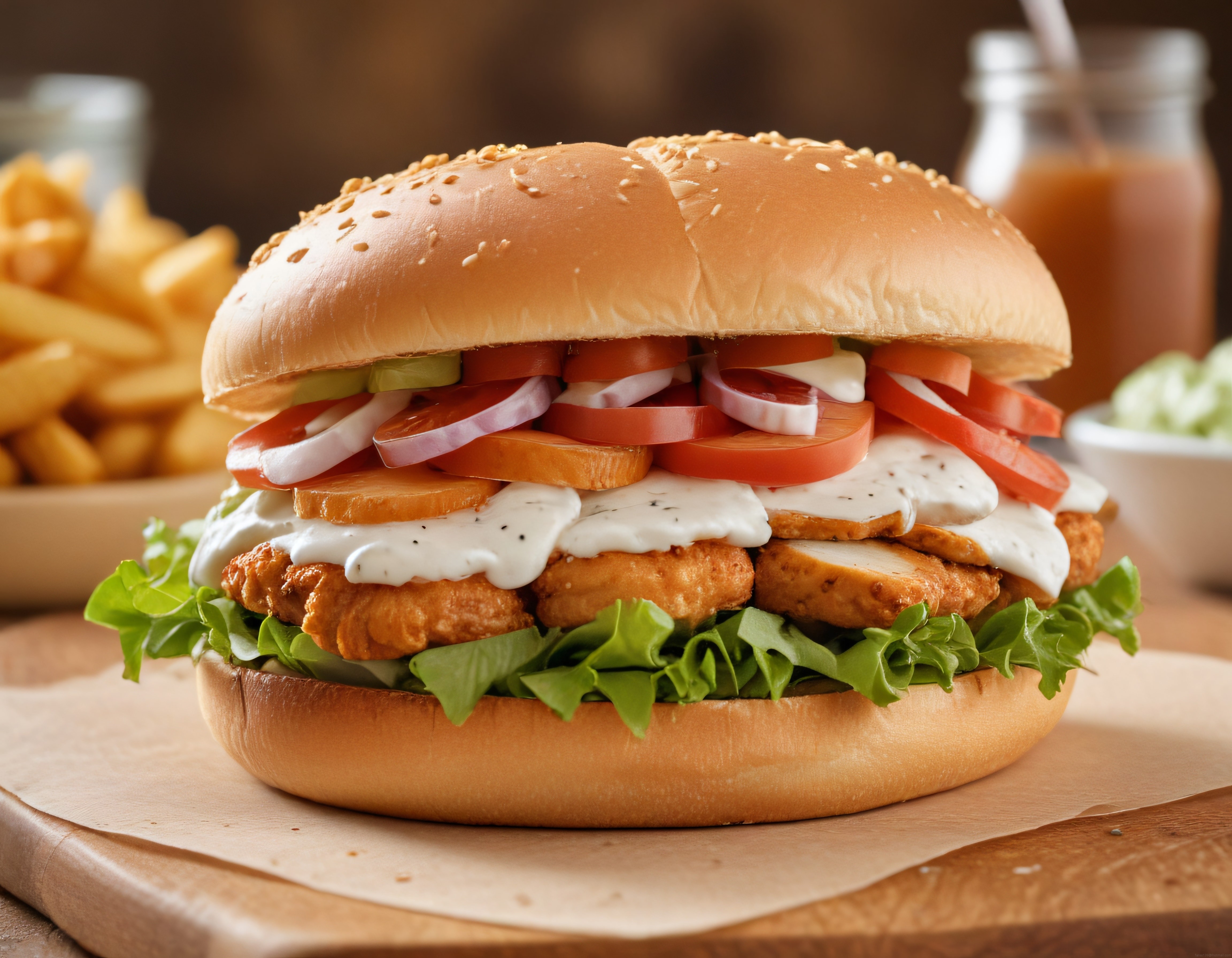 Susamlı Ekmek Arası Çıtır Tavuk Burger ve Patates Kızartması
