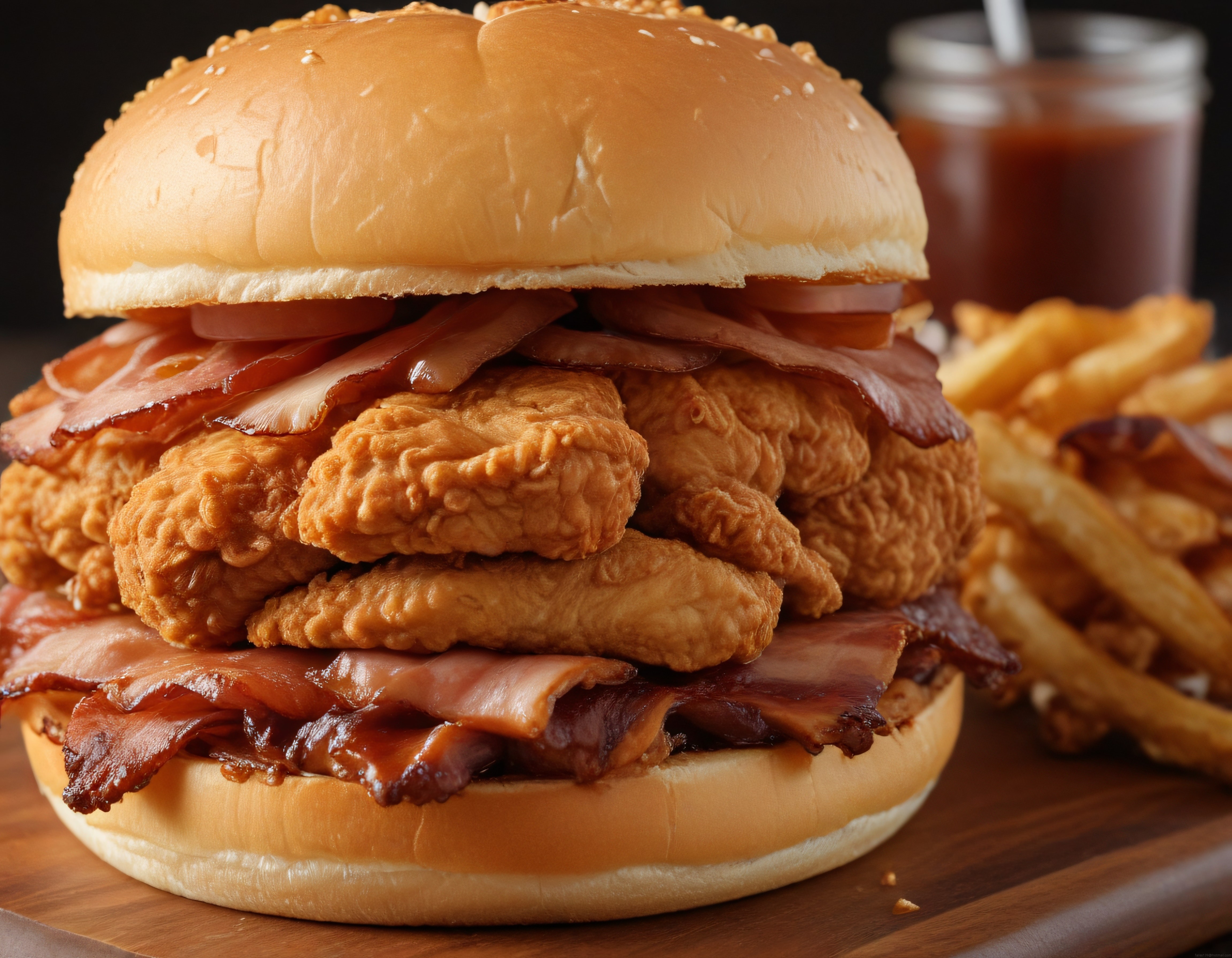 Susamlı Ekmek Arası Çıtır Tavuklu Baconlu Dev Burger ve Patates Kızartması