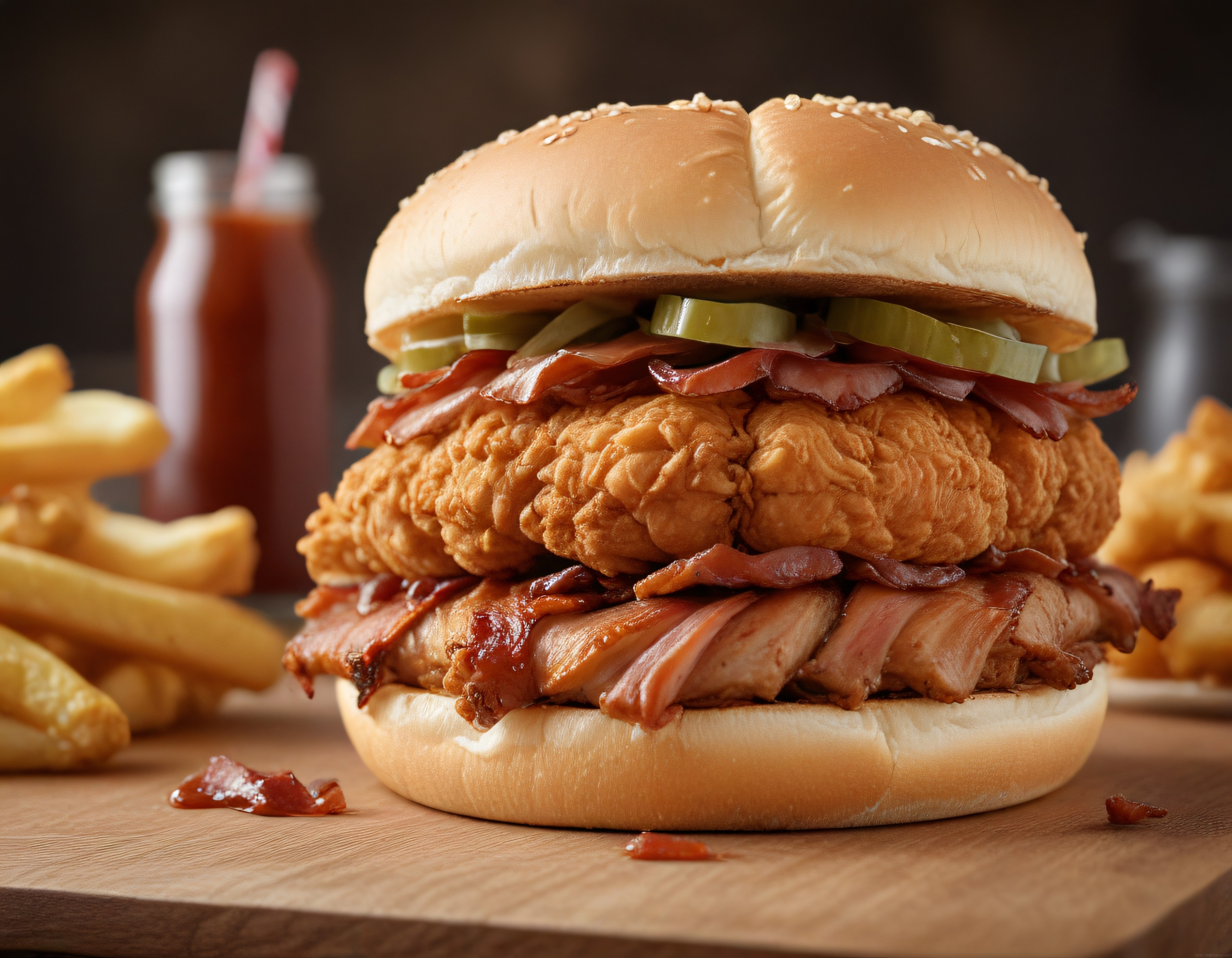 Susamlı Ekmek Arası Çıtır Tavuklu Pastırmalı Burger ve Patates Kızartması