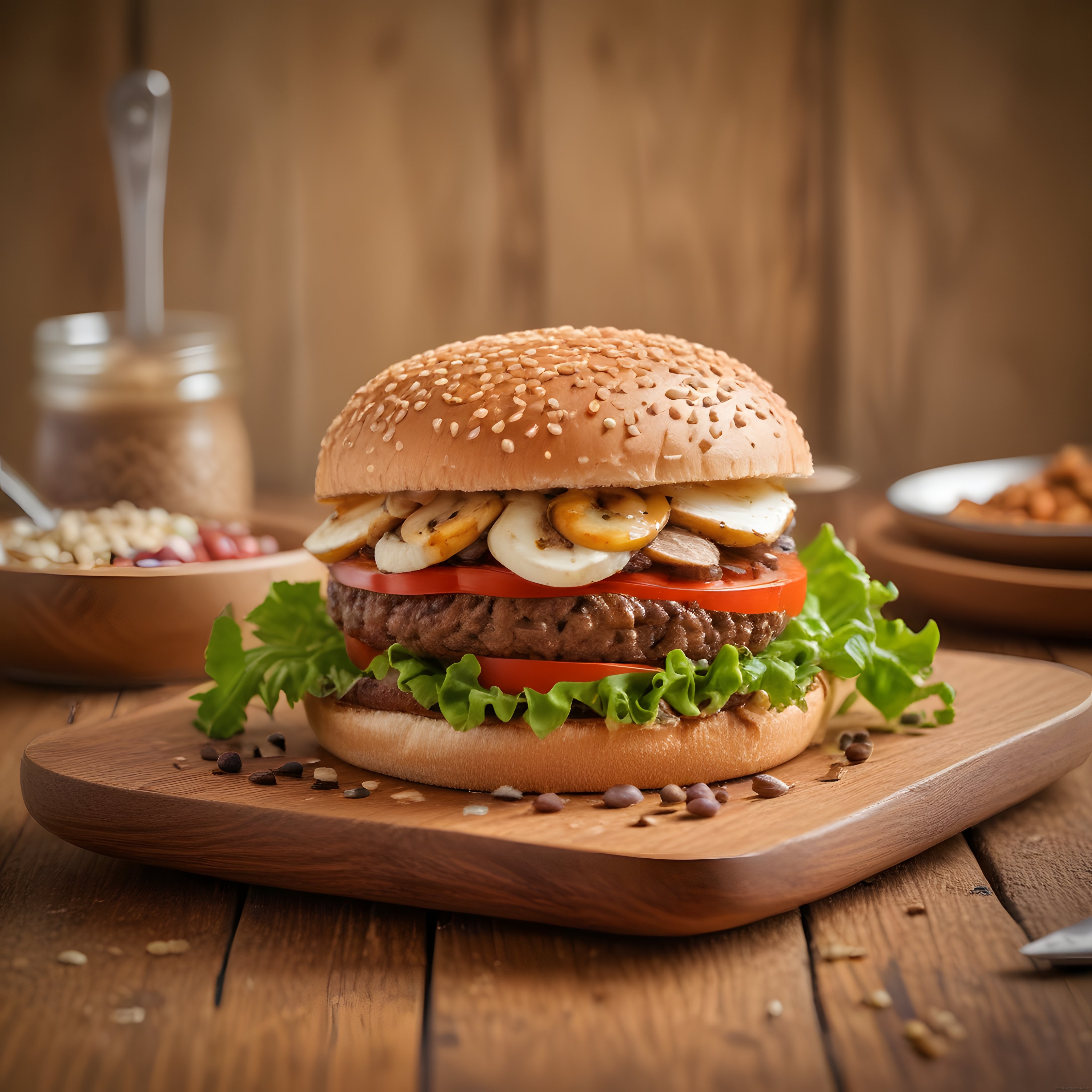 Susamlı Ekmek Arası Dana Köfteli Mantarlı ve Domatesli Gurme Hamburger