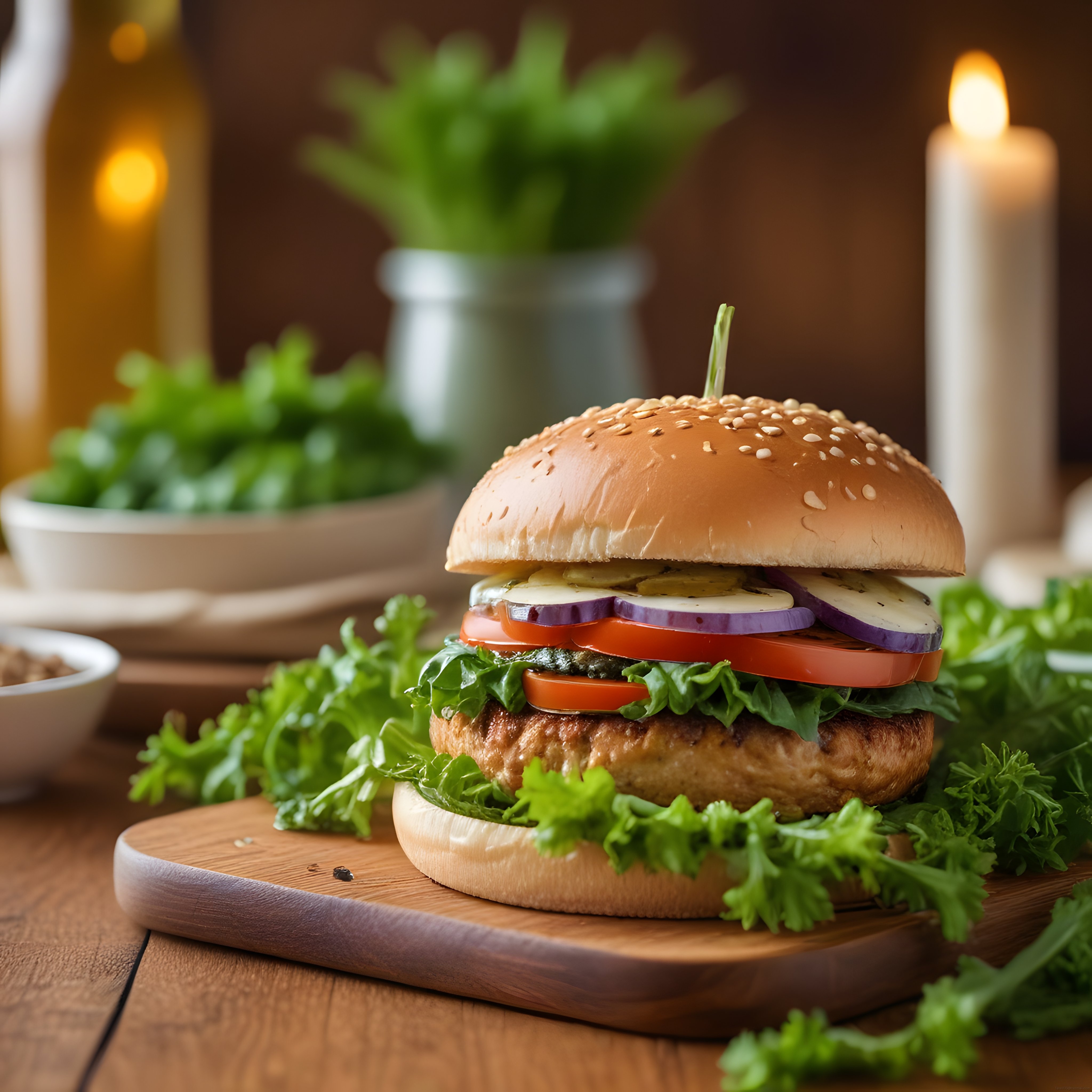 Susamlı Ekmek Arası Ev Yapımı Burger ve Taze Sebzelerle Şık Sunum