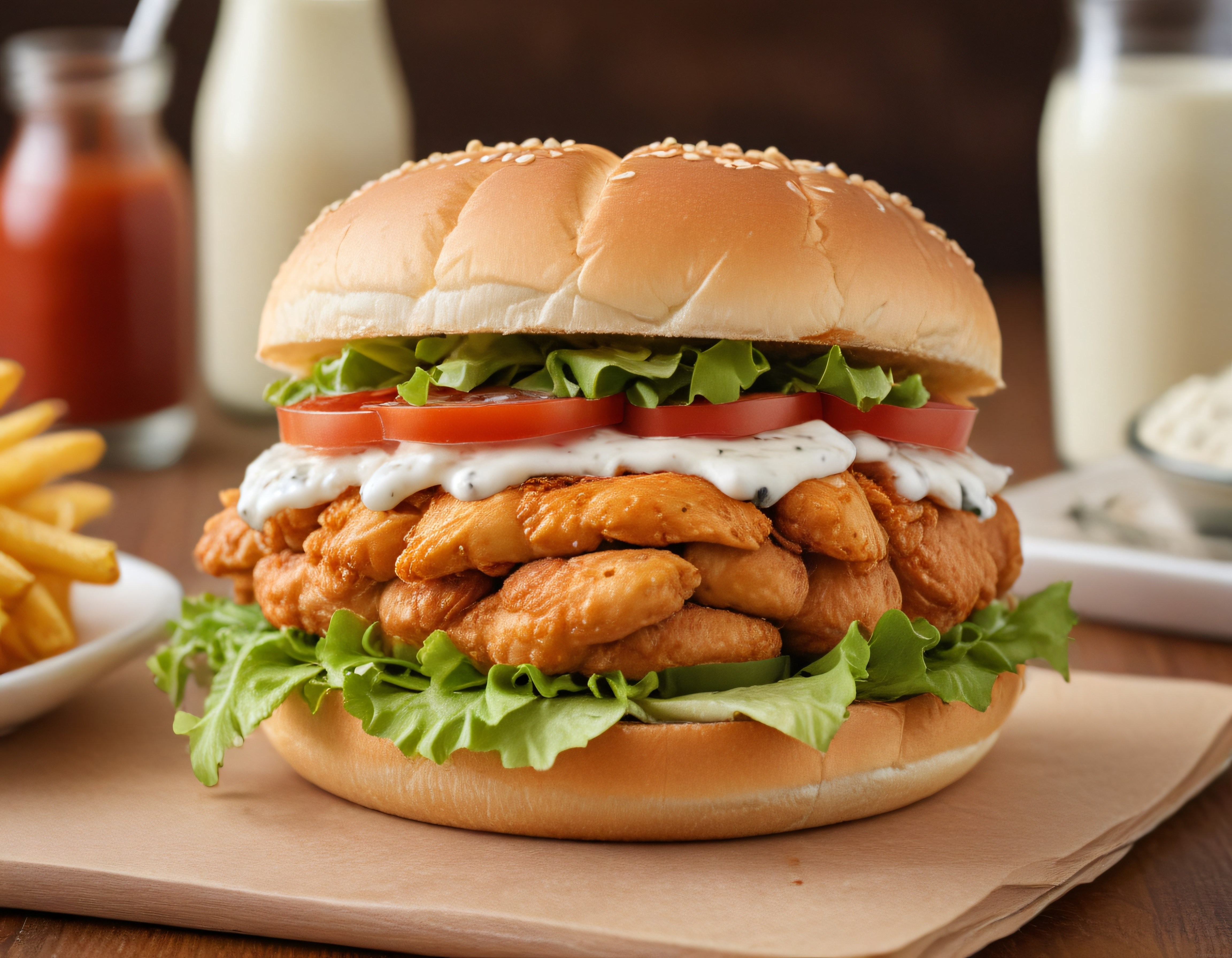 Susamlı Ekmek Arası Ev Yapımı Çıtır Tavuk Burger ve Patates Kızartması