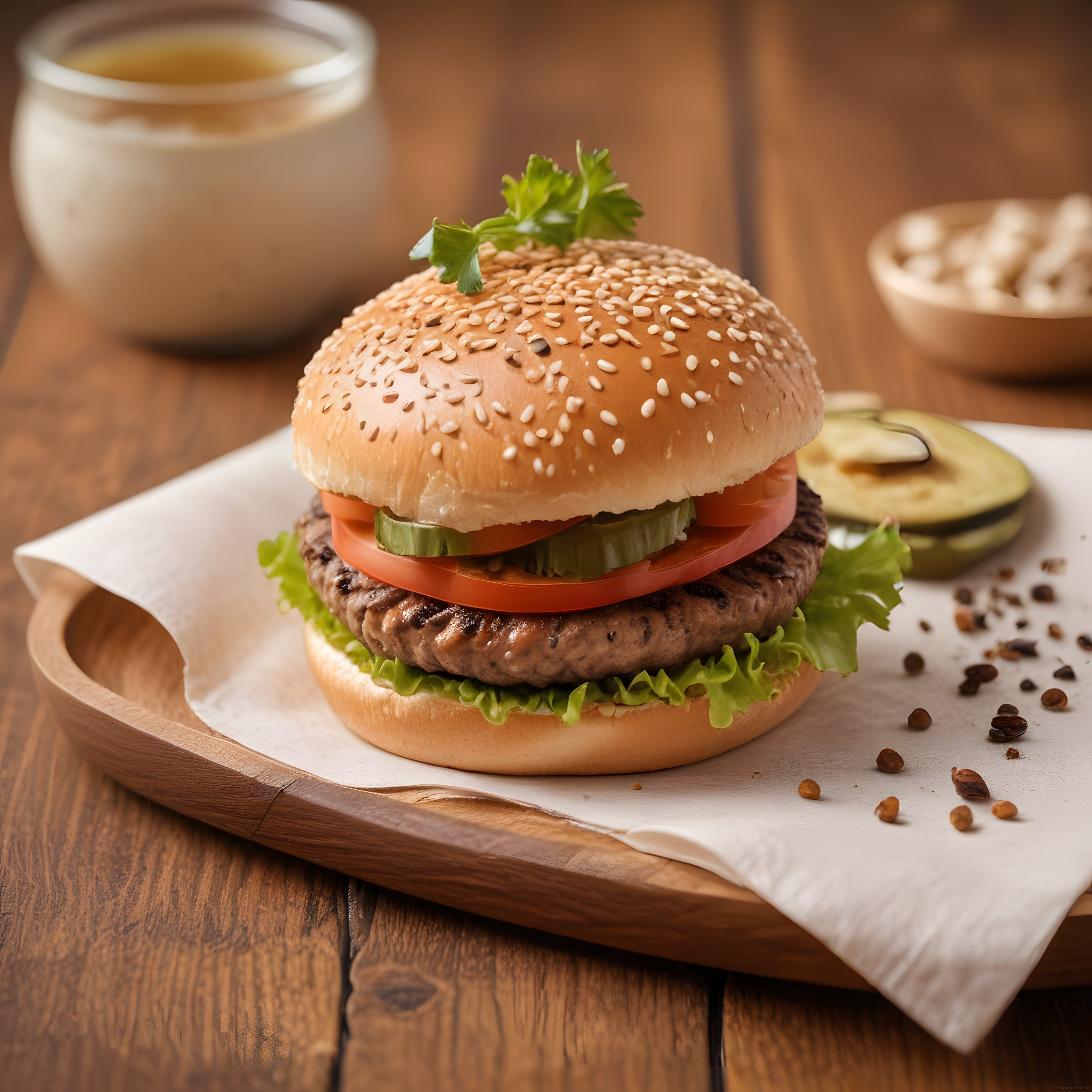 Susamlı Ekmek Arası Ev Yapımı Hamburger ve Ahşap Tahta Sunumu