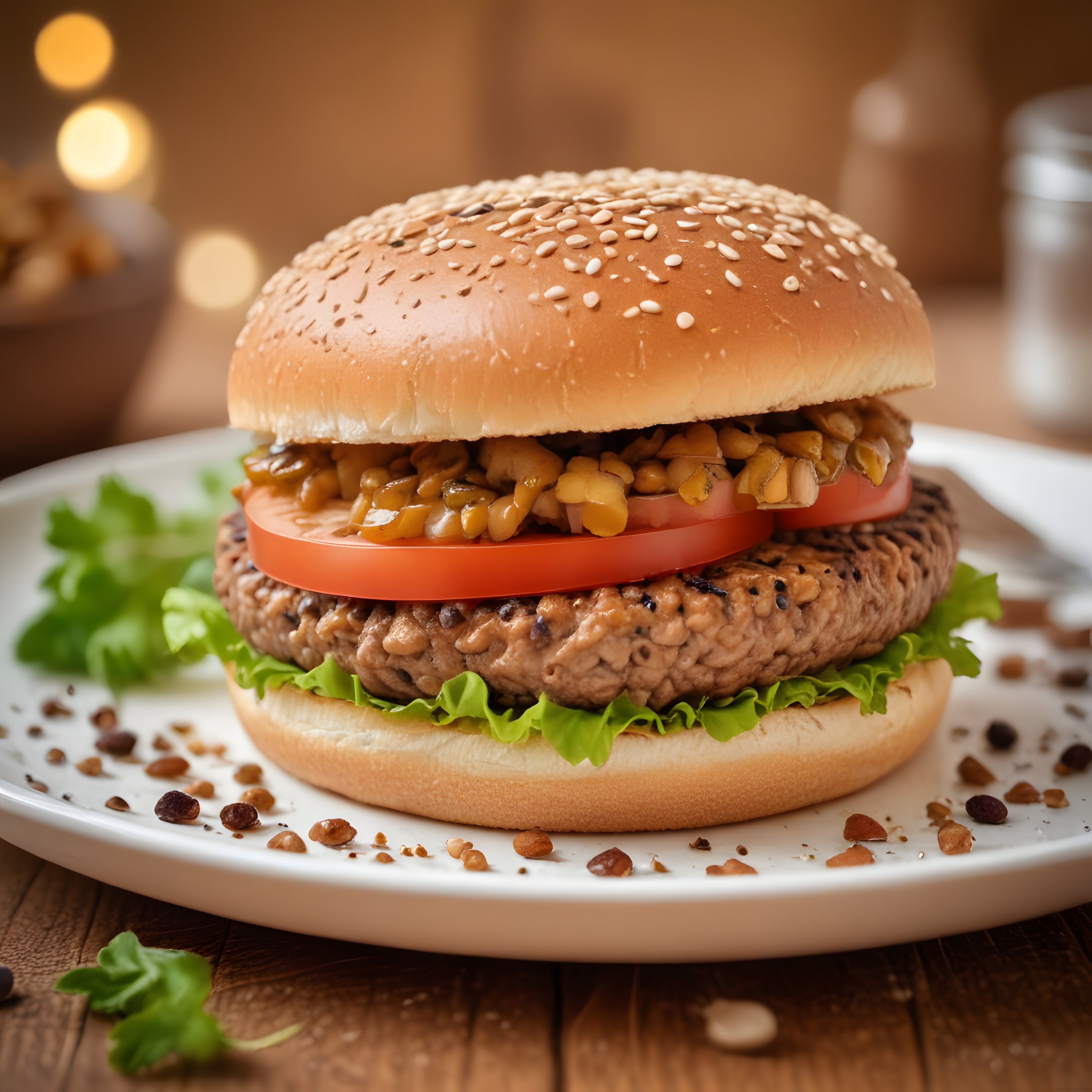 Susamlı Ekmek Arası Izgara Burger ve Mısır Soslu Gurme Lezzet Sunumu
