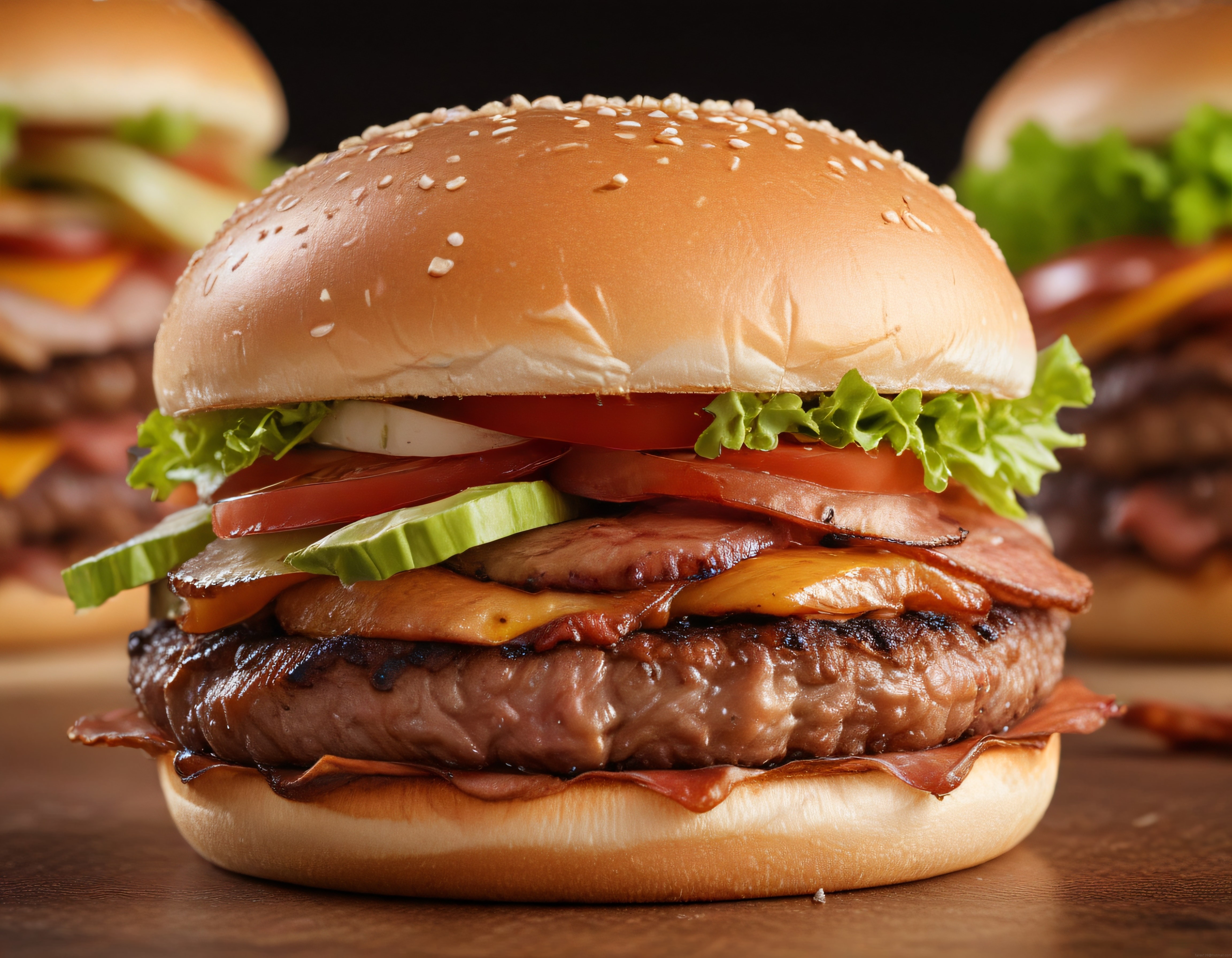 Susamlı ekmek arası ızgara dana hamburger ve taze sebzelerle nefis sunum